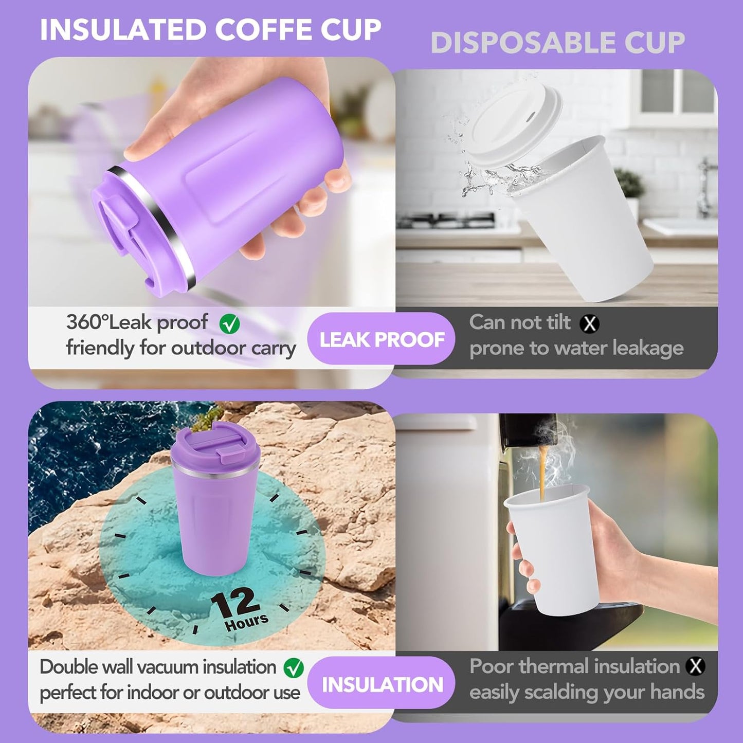 Volhoply 12 oz Double Wall Insulated Vacuum Travel Coffee Mug with Flip Lid,Reusable Stainless Steel Leak Proof Coffee Cup,Portable Cafe Thermal Tumbler Suitable for Hot & Cold Drinks(Purple,1 Set)