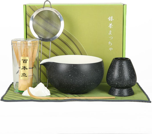 Matcha Whisk Set, Ceramic Matcha Set with Spout, Matcha Bowl Kit with Sifter, Whisk and Holder, Bamboo Scoop, Scoop Rest, Tea Towel, 7 Pcs Matcha Kit Set for Making Breakfast/Latte for Matcha Lovers