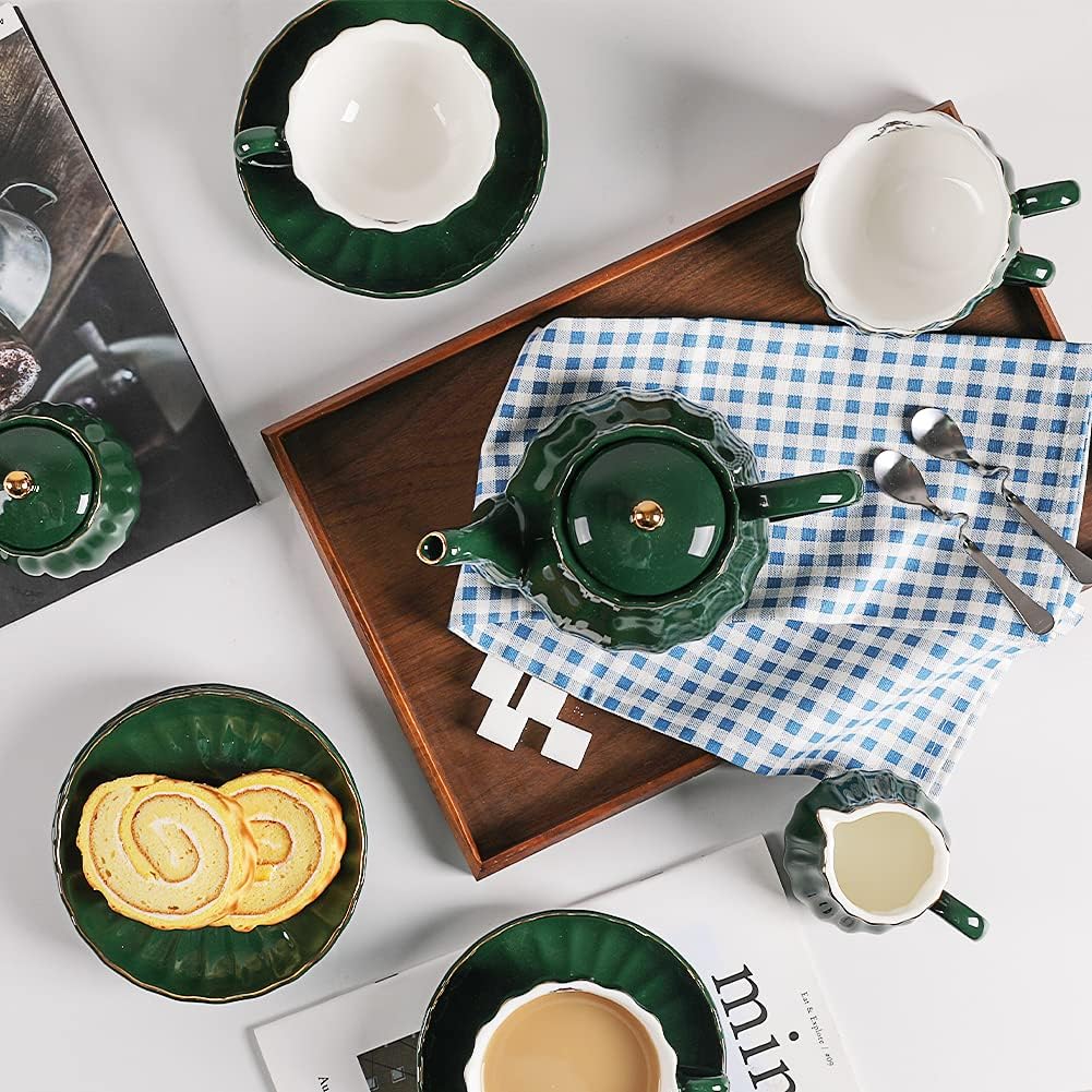 Porcelain Tea Sets British Royal Series, 8 OZ Cups& Saucer Service for 6, with Teapot Sugar Bowl Cream Pitcher Teaspoons and Tea Strainer, Suitable for High Tea, Wedding, Party (Jade)