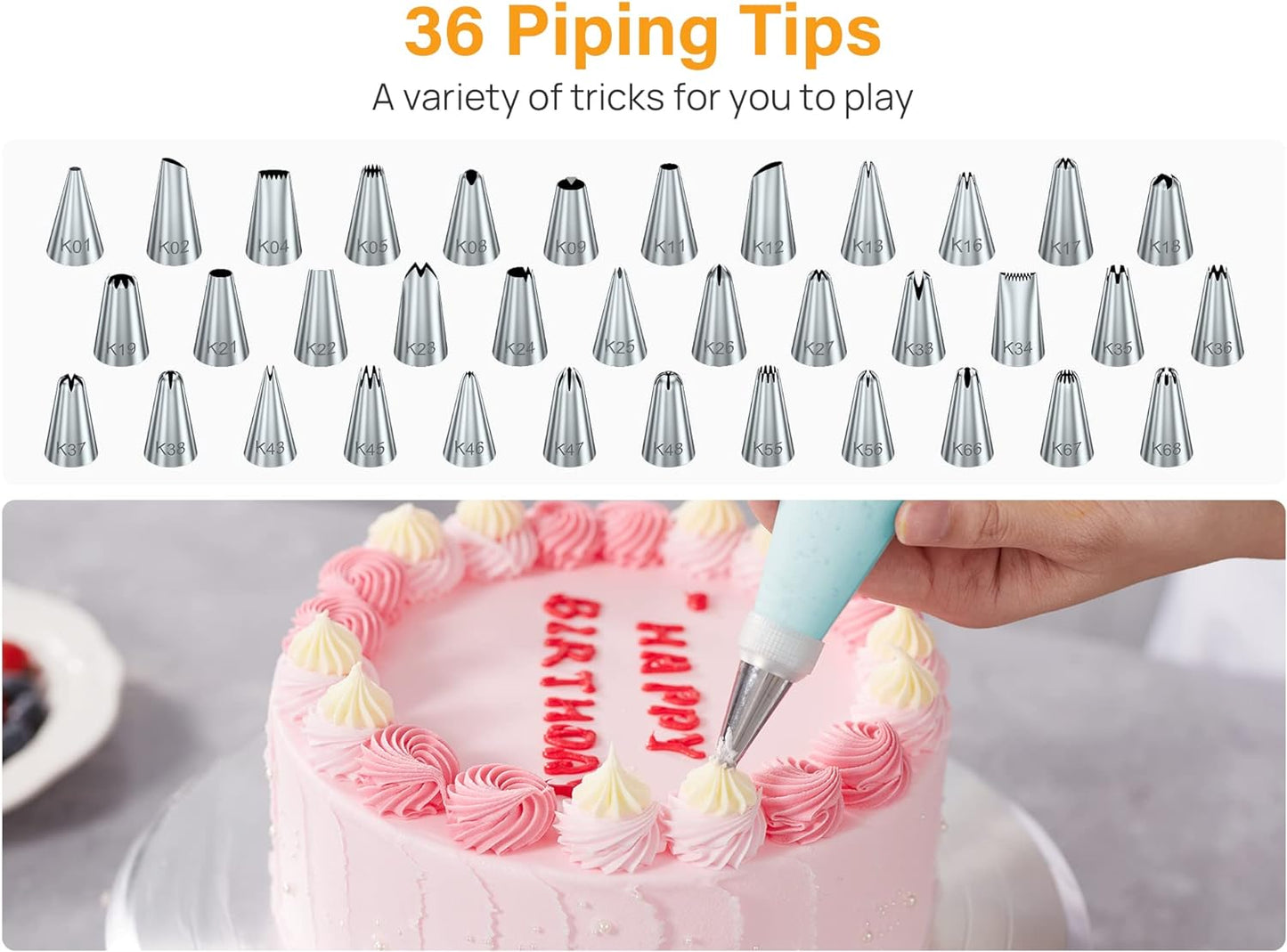 Kootek 42pcs Piping Bags and Tips Set, Cake Decorating Supplies Kits for Baking with 36 Numbered Frosting Icing Tips, 2 Reusable Pastry Bags, Easy Carry Storage Box and Other Baking Tools