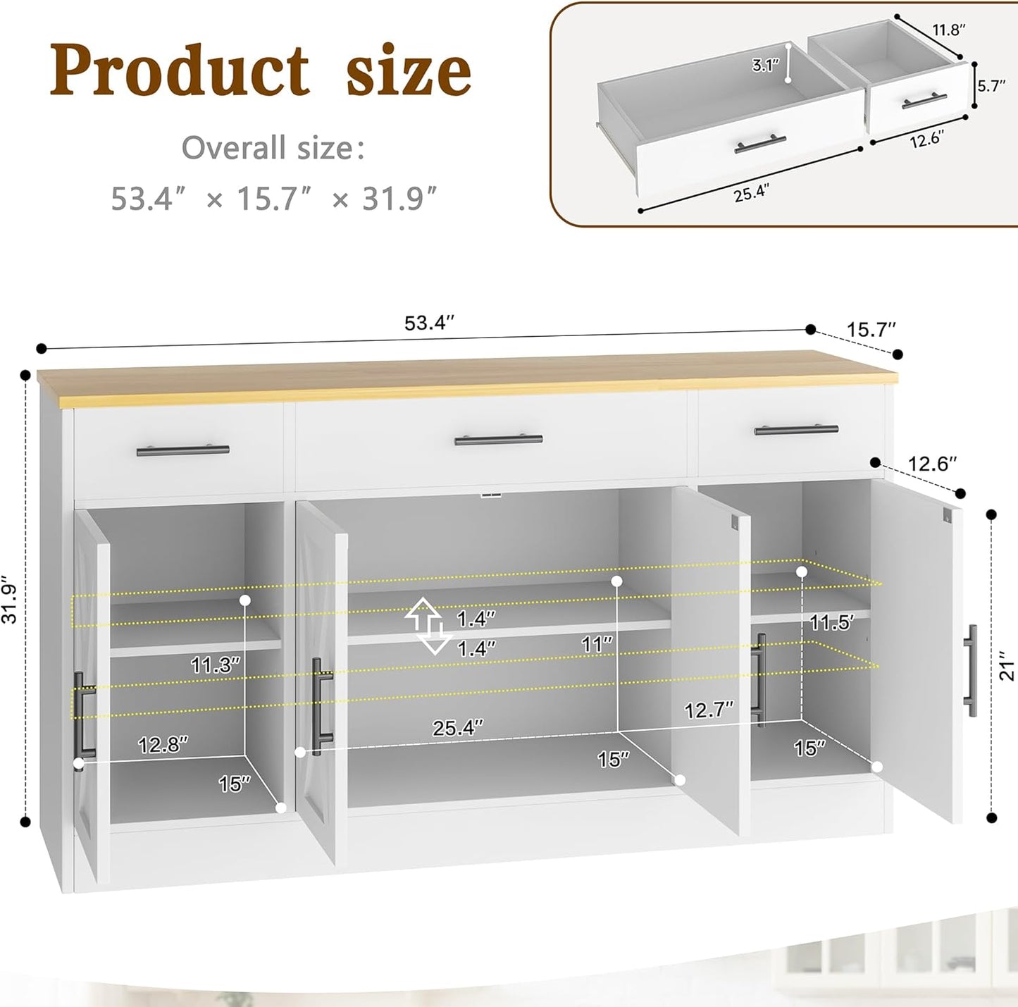 Vongrasig 53' Large Sideboard Cabinet with 4 Doors and 3 Drawers, Farmhouse Buffet Table Coffee Bar Kitchen Storage Cabinet, Wood Buffet Table for Kitchen, Dining Room, White