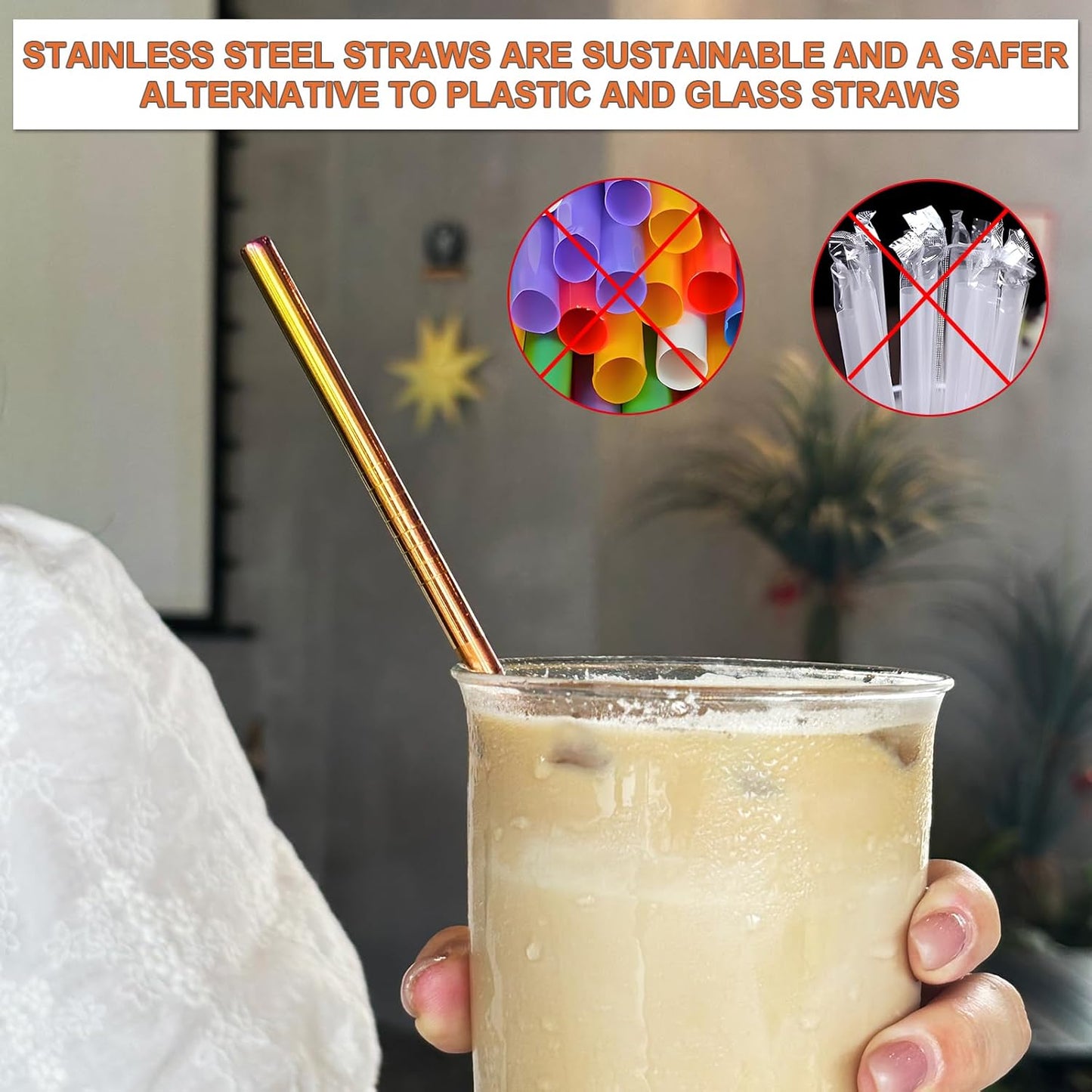 Stainless Steel Straws Metal Reusable Drinking Straw for Juice Iced Coffee Cold Beverage Water Highball Glasses 20oz Tumblers Mugs Cups, 0.24" 6mm Wide 215mm Long, Set of 8 with Brush, Colorful