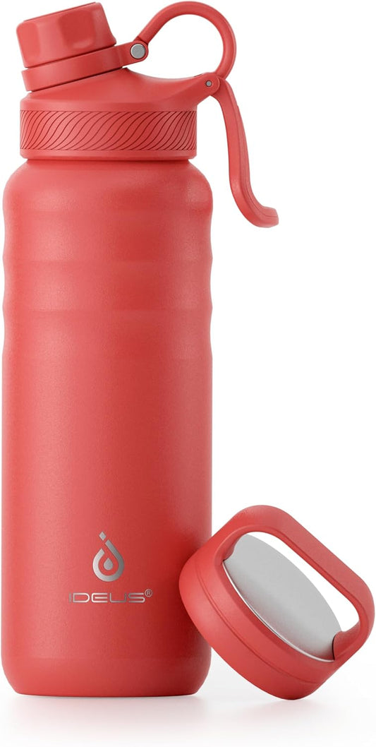 IDEUS Insulated Stainless Steel Water Bottle with 2 Leak-Proof Lids, Thermal Water Flask for Hiking Biking, 24oz, Orange