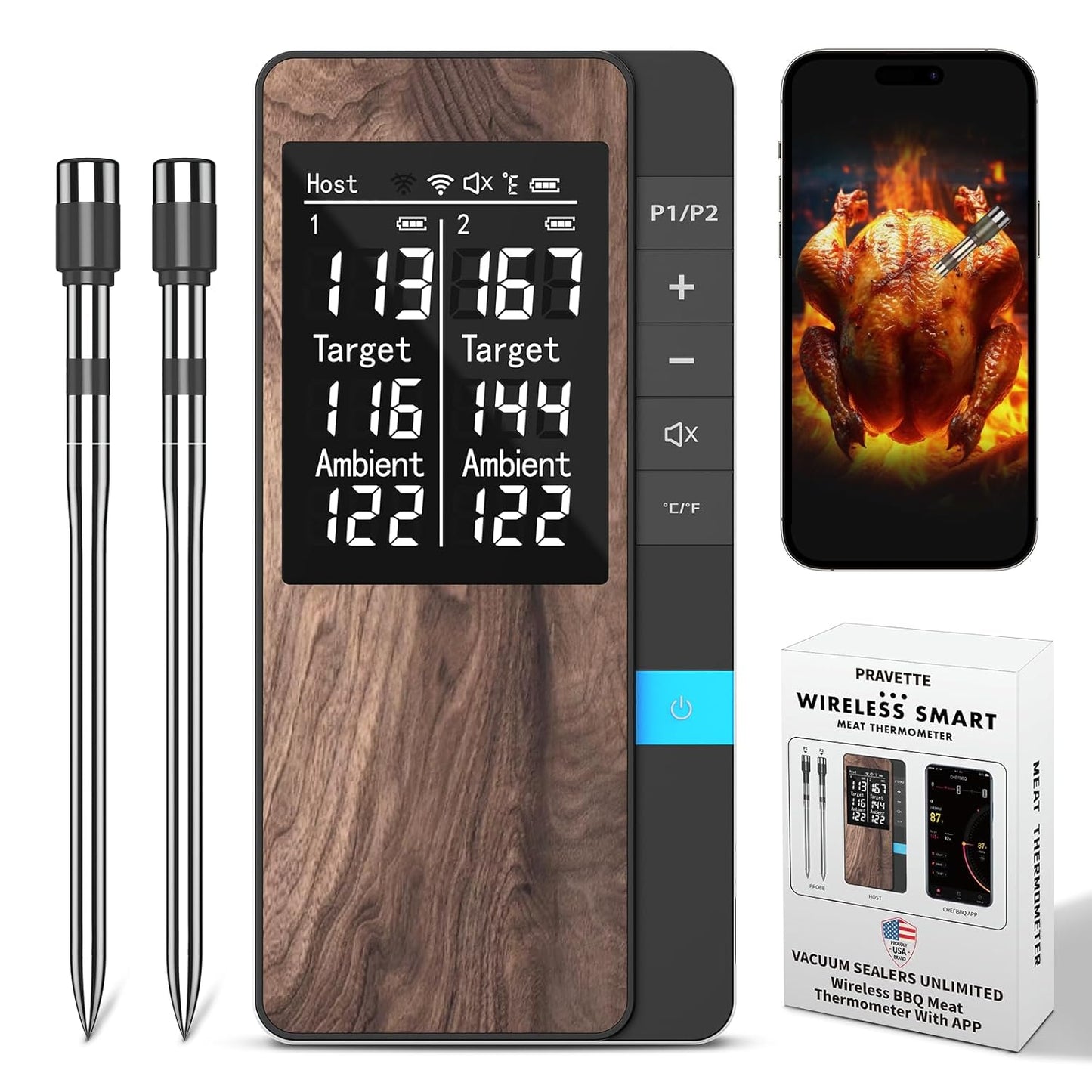 Wireless Meat Thermometer-Multi Sensors Digital Food Thermometer with Ultra-Thin Probes, Accuracy Smart Bluetooth Meat Thermometer for Steak, BBQ, Oven, Grill, Smoker,Recipes in App & Host