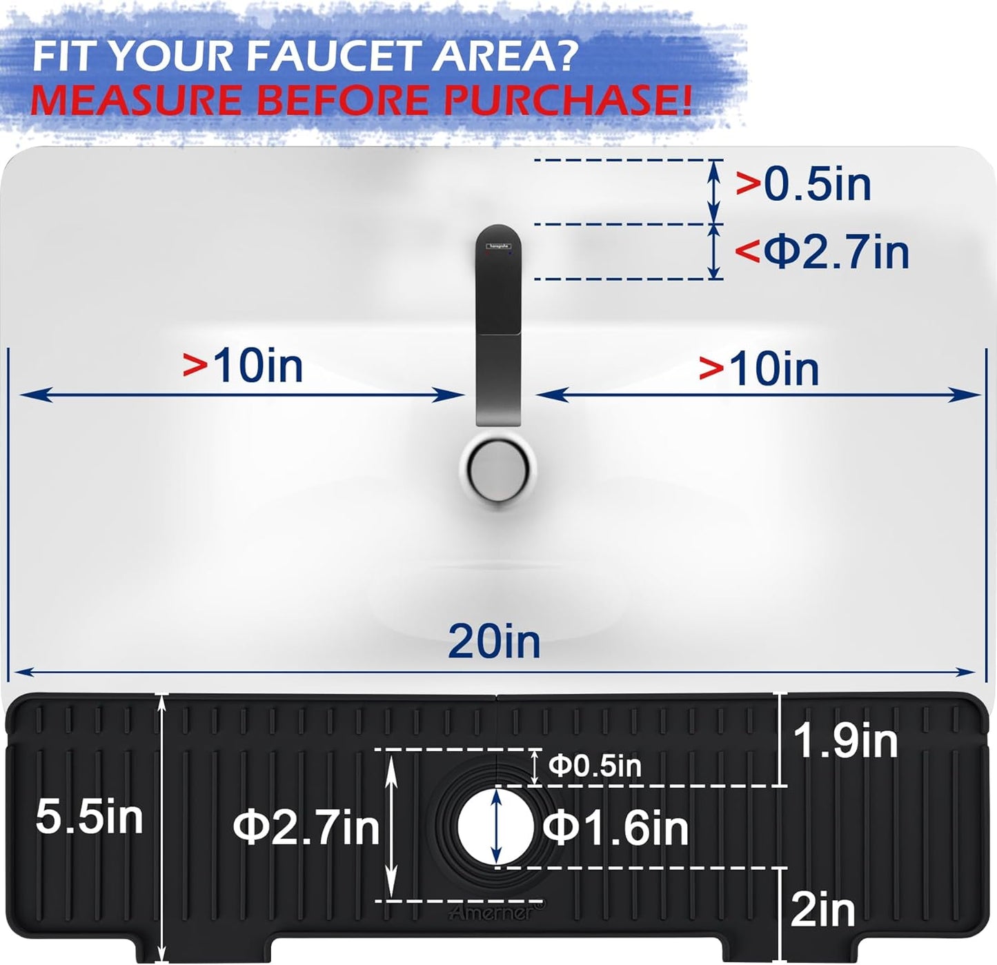 Kitchen Sink Splash Guard, 20 inch Silicone Faucet Guard & Draining Mat, 10° Large Slope Sink Faucet Mat Splash Guard, Bathroom Sink Organizer, Kitchen Sink Accessories Gadgets, 20 x 5.5”, Black