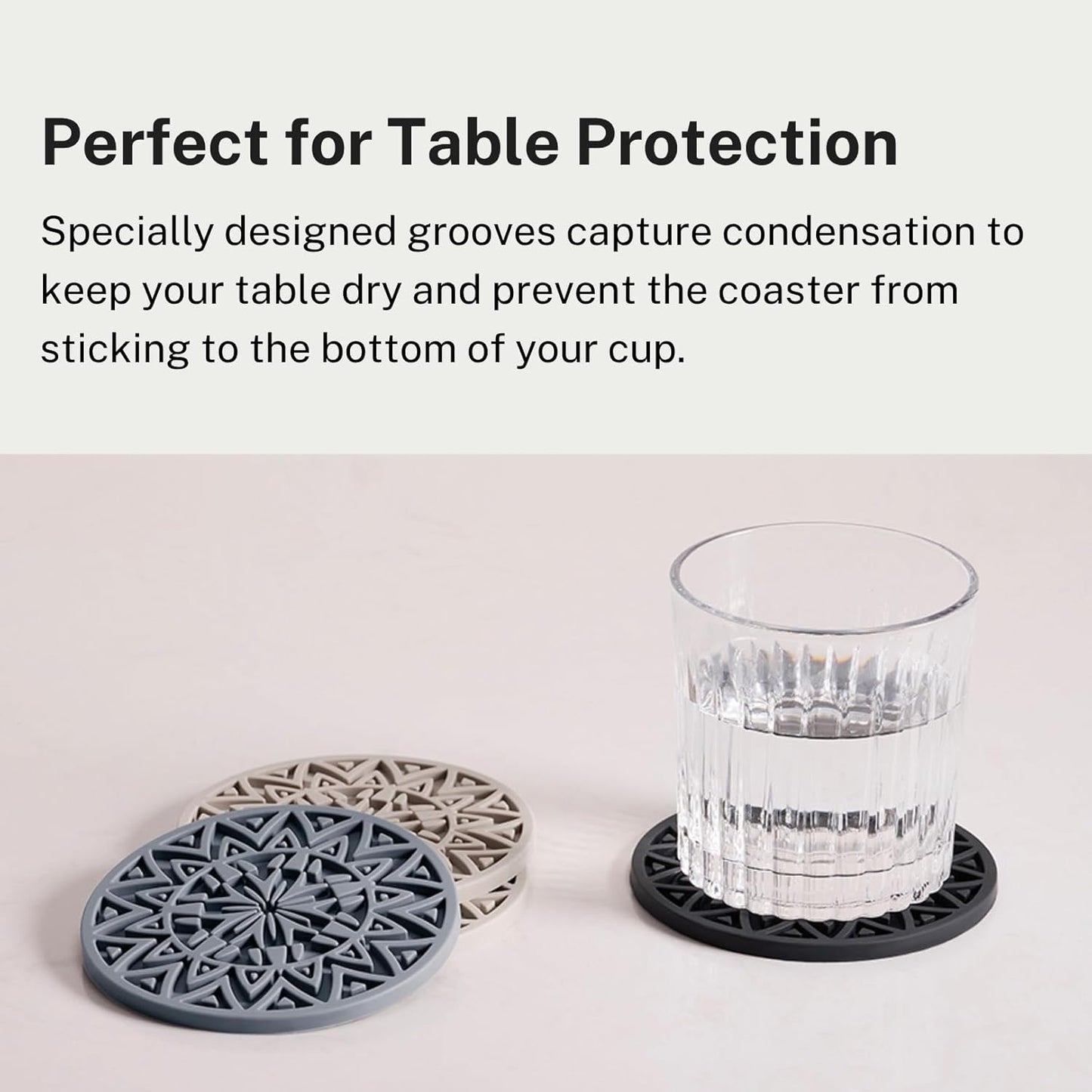 Set of 6 Black Silicone Coasters with Holder, Drink Coasters with Tribal Pattern Shape- for Table Protection, Anti Slip, Nonstick, Heat Resistant, Deep Tray