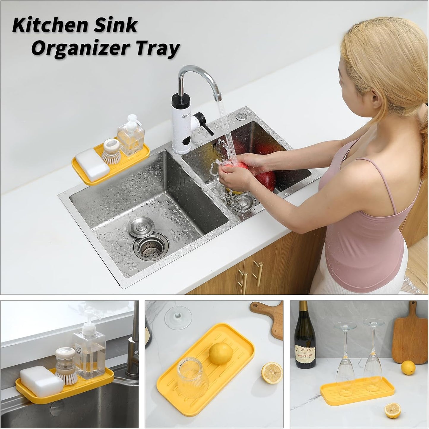 Silicone Kitchen Sink Organizer Tray for Multiple Usage,Easy Clean,Eco-Friendly Sponges Holder for Kitchen Bathroom Counter or Sink,Dish Soap Dispenser,Scrubber,Bottle,Cup Yellow 10”x 5.3”