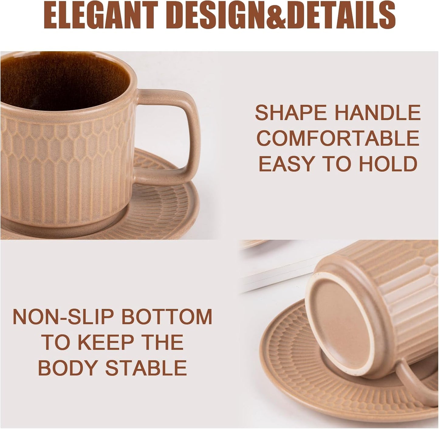 Large Cappuccino Cups with Saucers Set of 4, 8 Ounce Stackable Embossed Ceramic Coffee Mugs for Specialty Coffee Drinks, Latte, Cafe Mocha and Tea, Dishwasher & Microwave Safe (Brown)