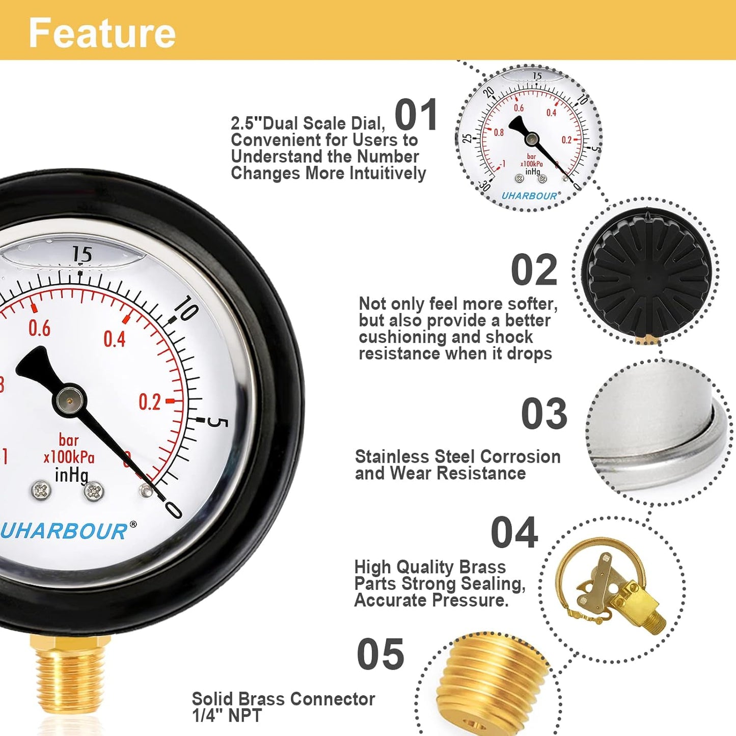 Vacuum Gauge 2-1/2" Dial Liquid Filled -30 inhg/0, Rubber Protective Case, 1/4" Brass Lower Mount, Including 1/4" to 1/8" Thread Adapter and Teflon Tape