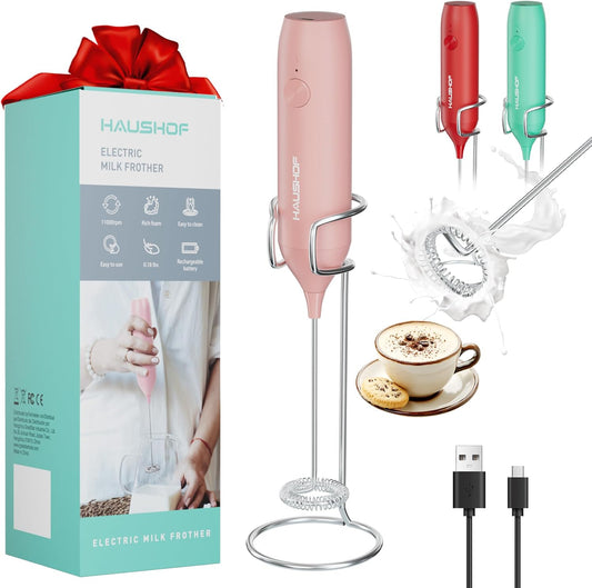 HAUSHOF Powerful Rechargeable Milk Frother Wand with Stand, Handheld Electric Foam Maker, Drink Mixer with Detachable Stainless Steel Whisk for Coffee Latte, Cappuccino, Matcha, Pink