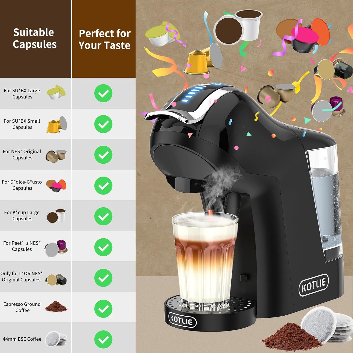 Hot&Cold brewing Single Serve Coffee Maker for K*eurig K*cup, Small Espresso Coffee Machine for D*olce G*usto/N*es Original/Ground Coffee/44mm ESE, adjustable TEMP&Water Volume, 1LRemovable Reservoir