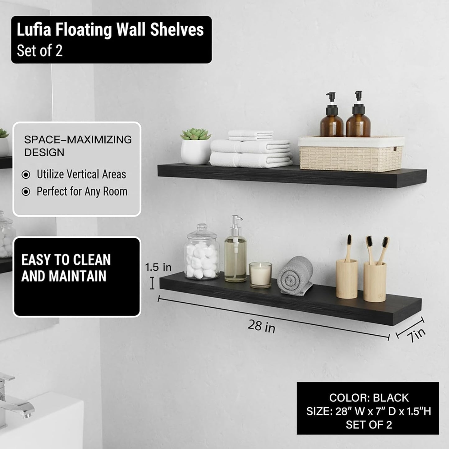 Lufia Floating Wall Shelves, Set of 2, MDF with Invisible Brackets, Modern Storage for Bedroom, Bathroom, Living Room, Kitchen (Black, 28" W X 7" D X 1.5" H)
