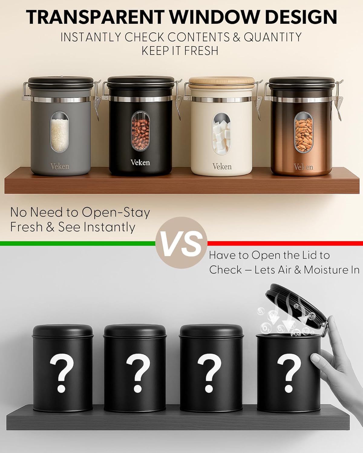 Veken Coffee Canister with Window,Airtight Stainless Steel Kitchen Food Storage Container, Date Tracker & Scoop for Grounds Coffee, Beans, Tea, Flour, Cereal,Sugar,22OZ,Grey