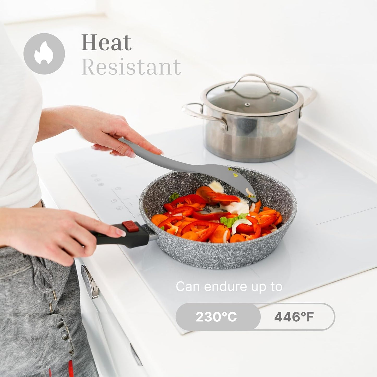 Silicone Utensils 3-Piece Set – Rubber Spatula, Slotted Turner, and Rice Paddle – Complete Heat-Resistant Set for Non-Stick Cookware – Kitchen Tools and Accessories for Cooking & Baking – Grey