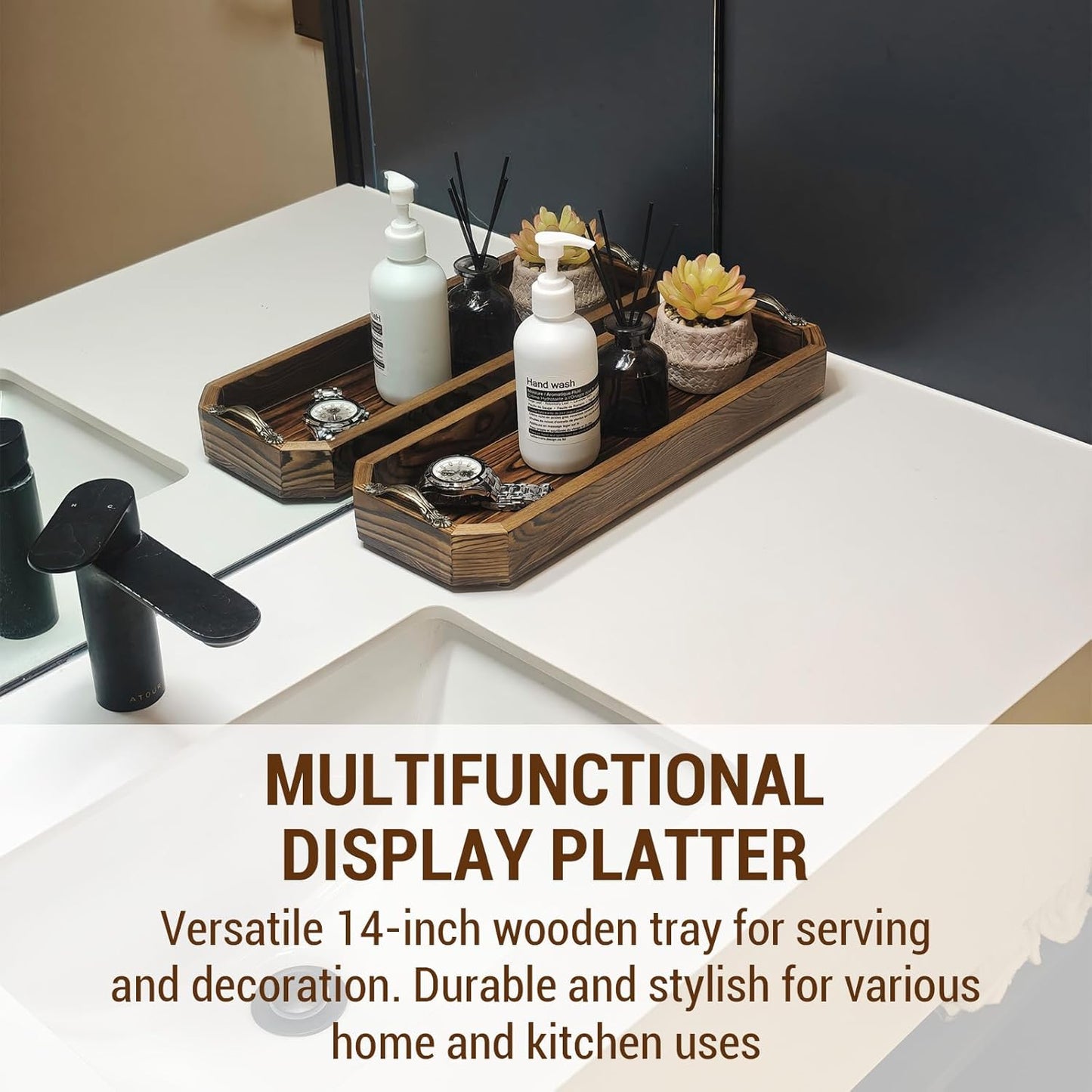 MyGift Wooden Vanity Tray, Rustic Burnt Solid Wood Toilet Tank Tray - Decorative Octagonal Cosmetic Organizer with Antique Metal Handles