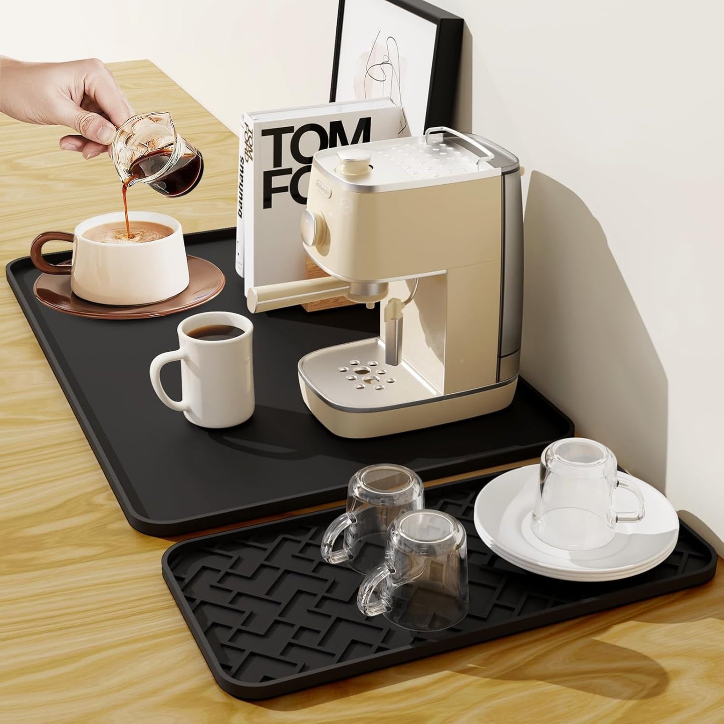 Silicone Coffee Mat - Removable Bar Mat with Concave and Convex Design, Leak-Proof and Non-Slip, Suitable for Use Under the Coffee Machine to Keep the Countertop Clean (Black24"x16")