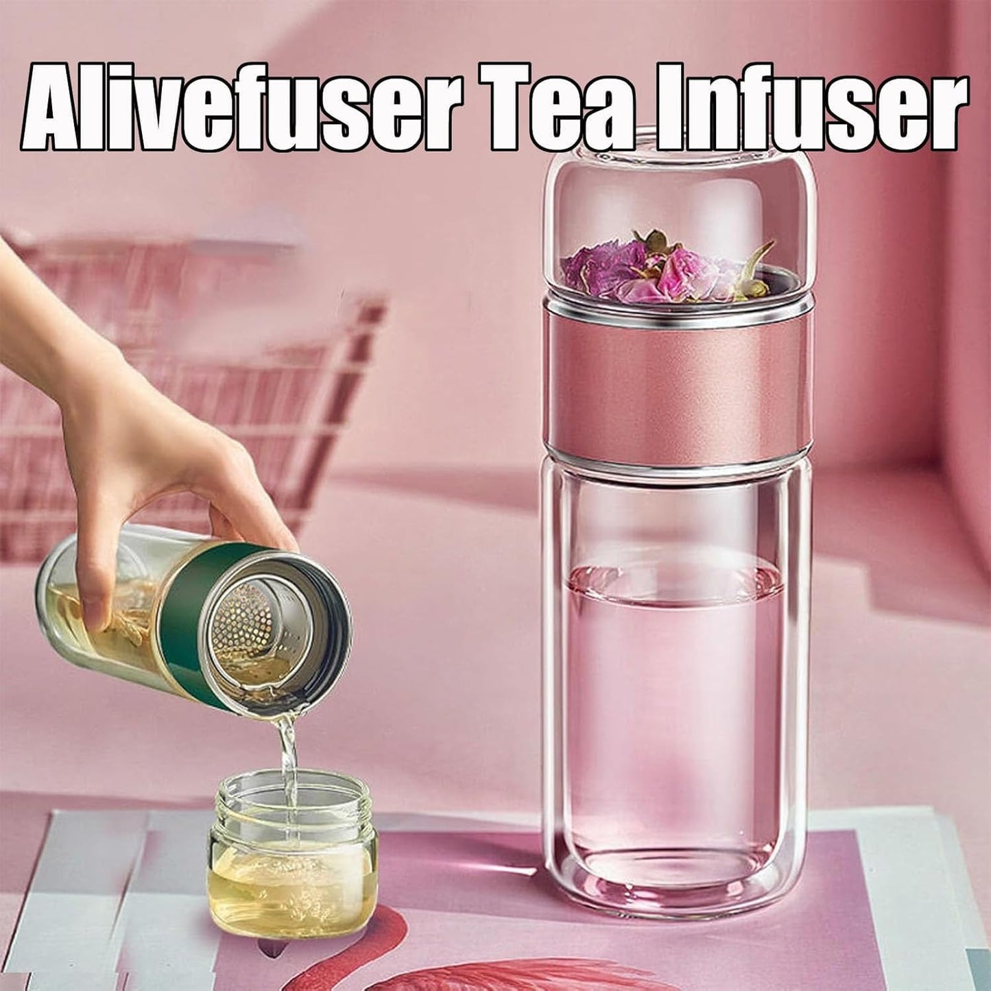 Tryteava Glass Infuser, Tryteava 3-in-1 Smart Tea Infuser, Portable Glass Double Wall Tea Infusers Bottle, with Stainless Steel Filter, Hot & Cold Brew, For Loose Leaf, Office Home (Silver, 350ml)