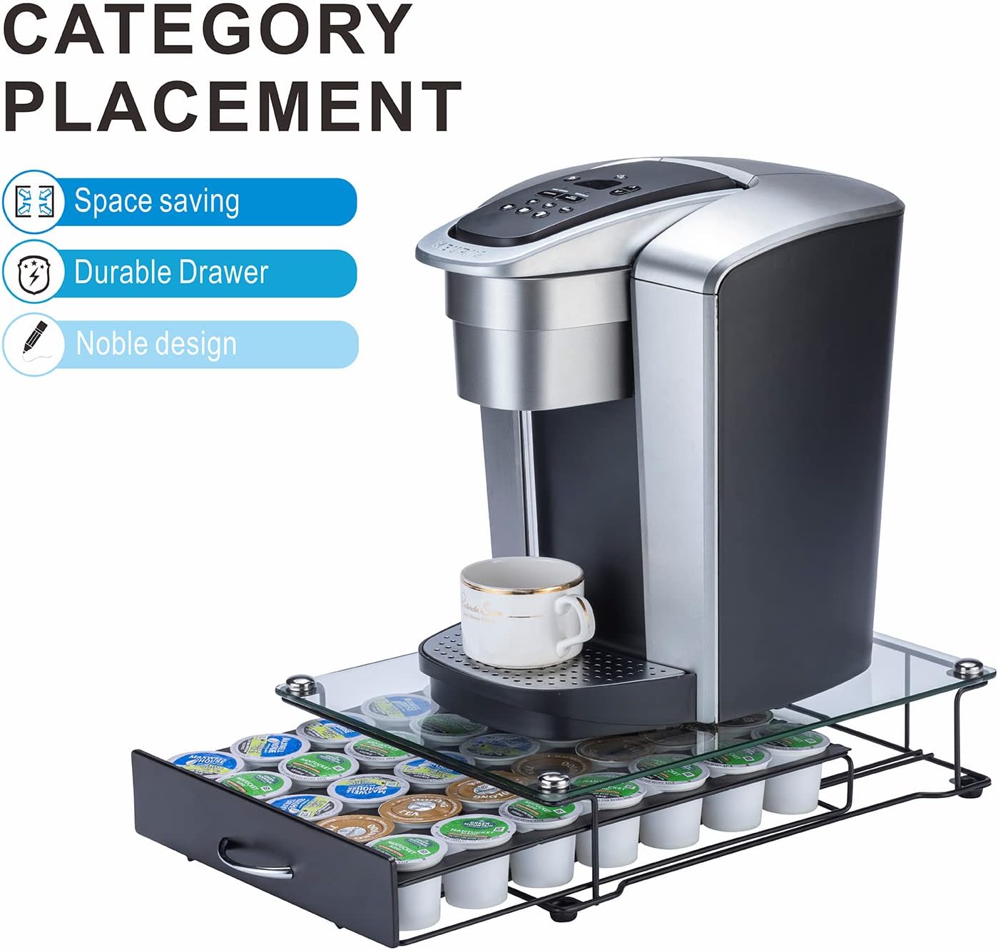 ZCDCP K Cup Holder Drawer, Coffee Pod Holder for K Cup Orgainzer with Termpered Glass Top, Keurig Coffee Pods Holder Capsule with 35 Pods, Black