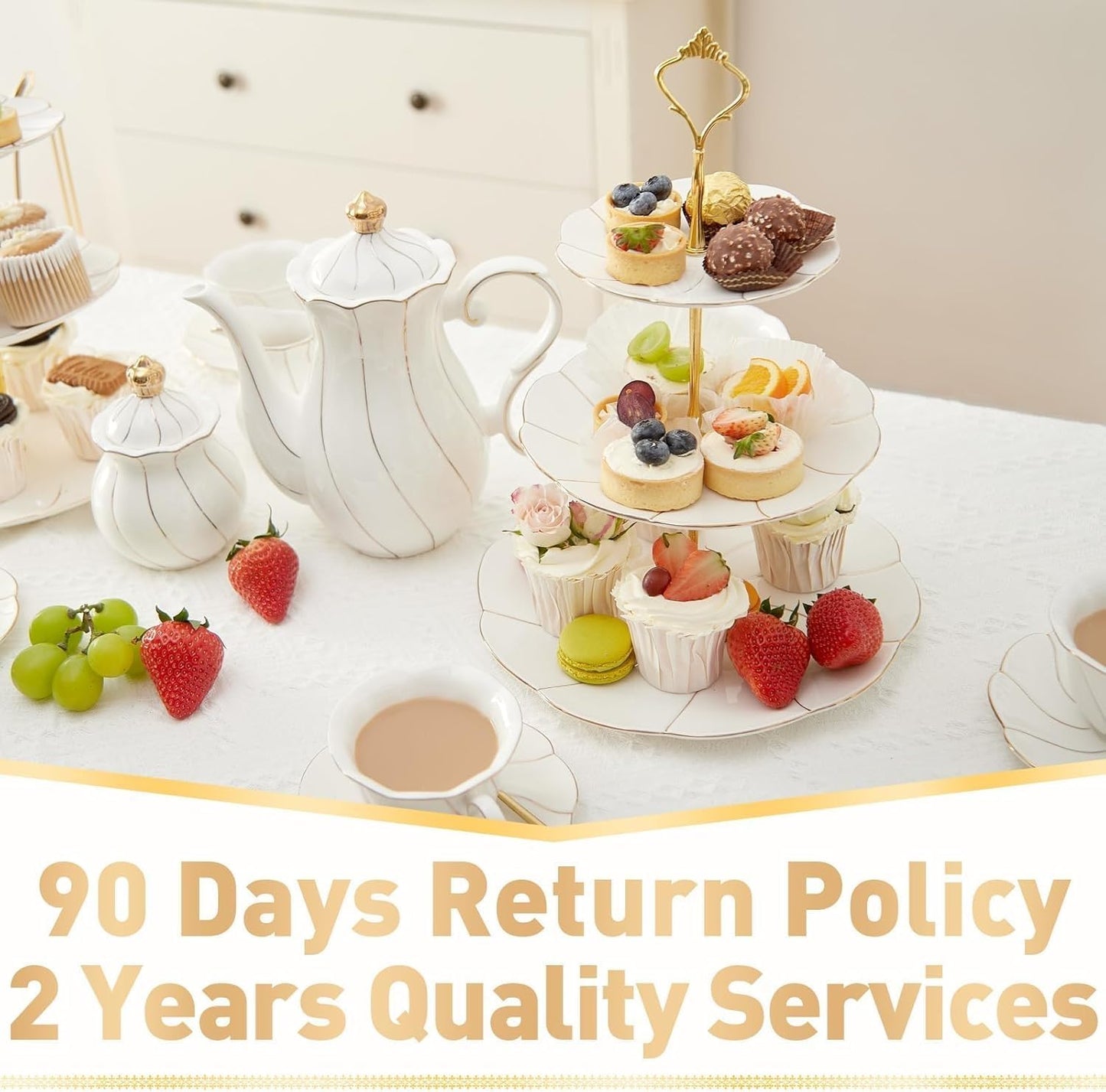 DUJUST Luxury Larger 3-Tier Cupcake Stand Tower, British Style Porcelain Serving Tray with Golden Trim, Food Grade Dessert Display Stand for Tea Party & Home Décor - 45% Larger Plates