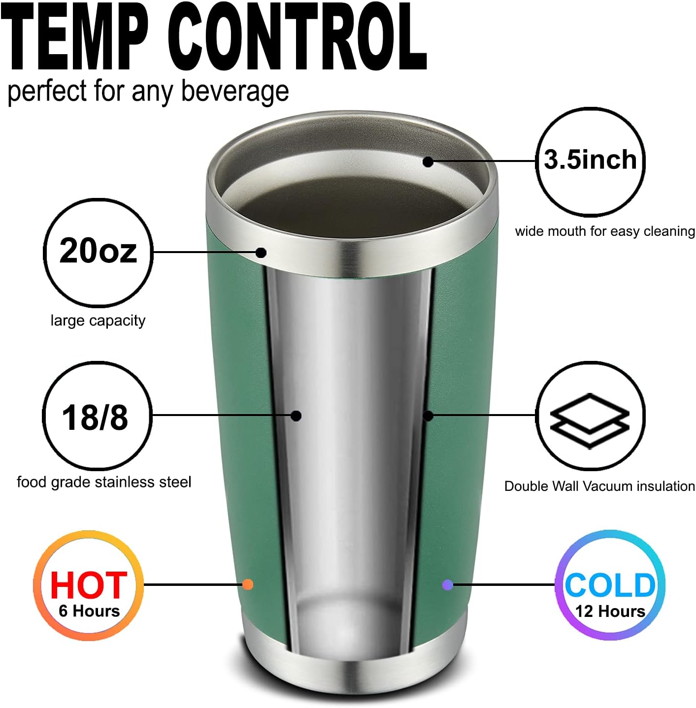 COMOOO 20oz 8 Pack Tumbler Double Wall Vacuum Insulated Coffee Travel Mug Stainless Steel Tumbler Bulk with Lid and Straw Insulated Coffee Cup for Cold & Hot Drinks (dark green, 8 Pack)