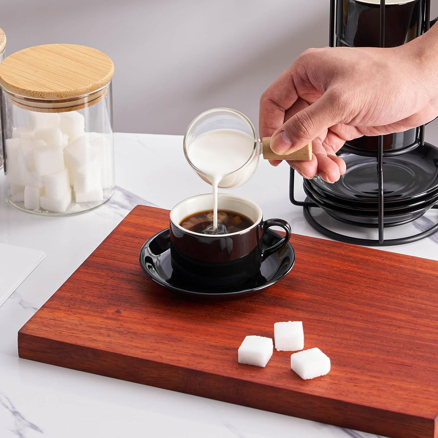 2.5oz Porcelain Stackable Espresso Cups with Saucers and Metal Stand Set of 4, Stackable Cappuccino Cups, Black Expresso Shots Cup Set for Coffee Drinks, Latte, Tea