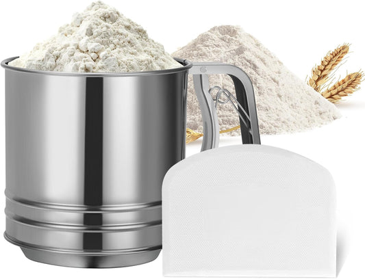 5-Cup Flour Sifter for Baking, Large Capacity Stainless Steel Hand Press Sifter with Double-Layer Fine Mesh - Includes Bonus Dough Scraper/Cutter for Bread & Pastry (White)