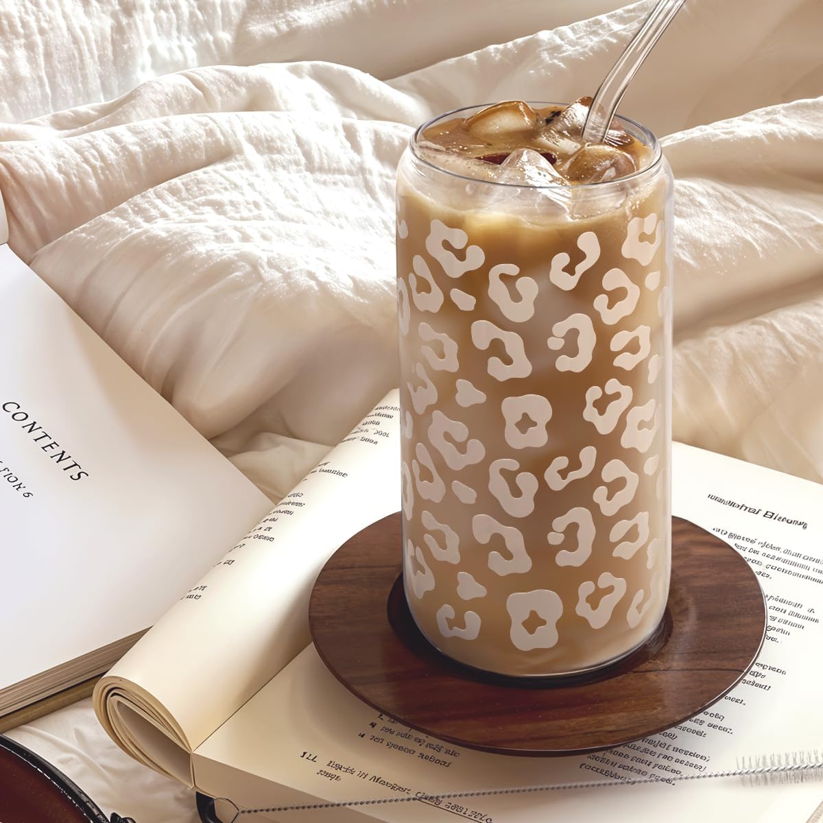 SANDJEST Leopard Glass Can, Beige Leopard Print Cup with Lid & Straw, Iced Coffee Aesthetic Cups, Gift for Christmas Birthday Mother Day, Gifts for Women, 16oz