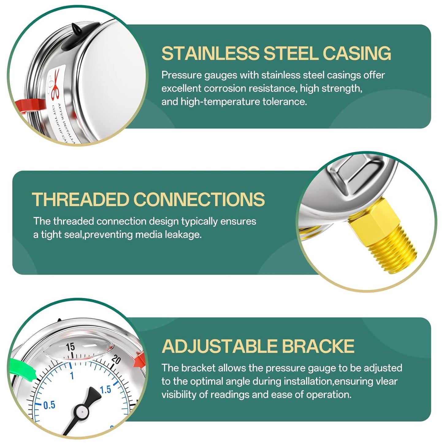 0-30psi Stainless Steel 1/4" NPT 2.5" Dial, Glycerin Liquid Filled Pressure Gauge Lower Mount Designed for Pressure Testing of Water, Oil and Air (with Range Mark Pointer)
