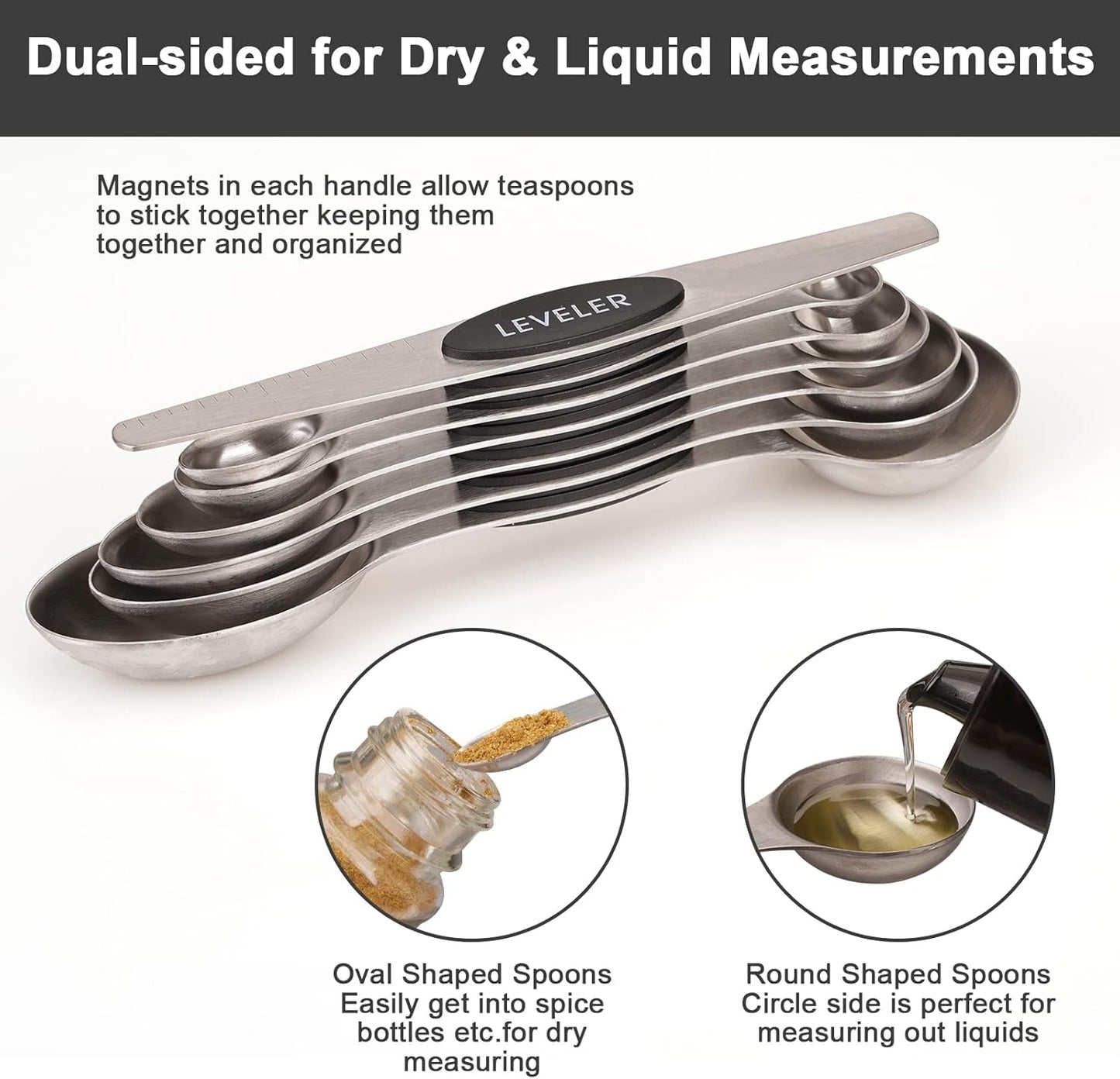 Aovchei 7 PCS Magnetic Measuring Spoons Set, Dual Sided, Stainless Steel Small Tablespoon, Teaspoons, Fits in Spice Jars, for Dry and Liquid, Black