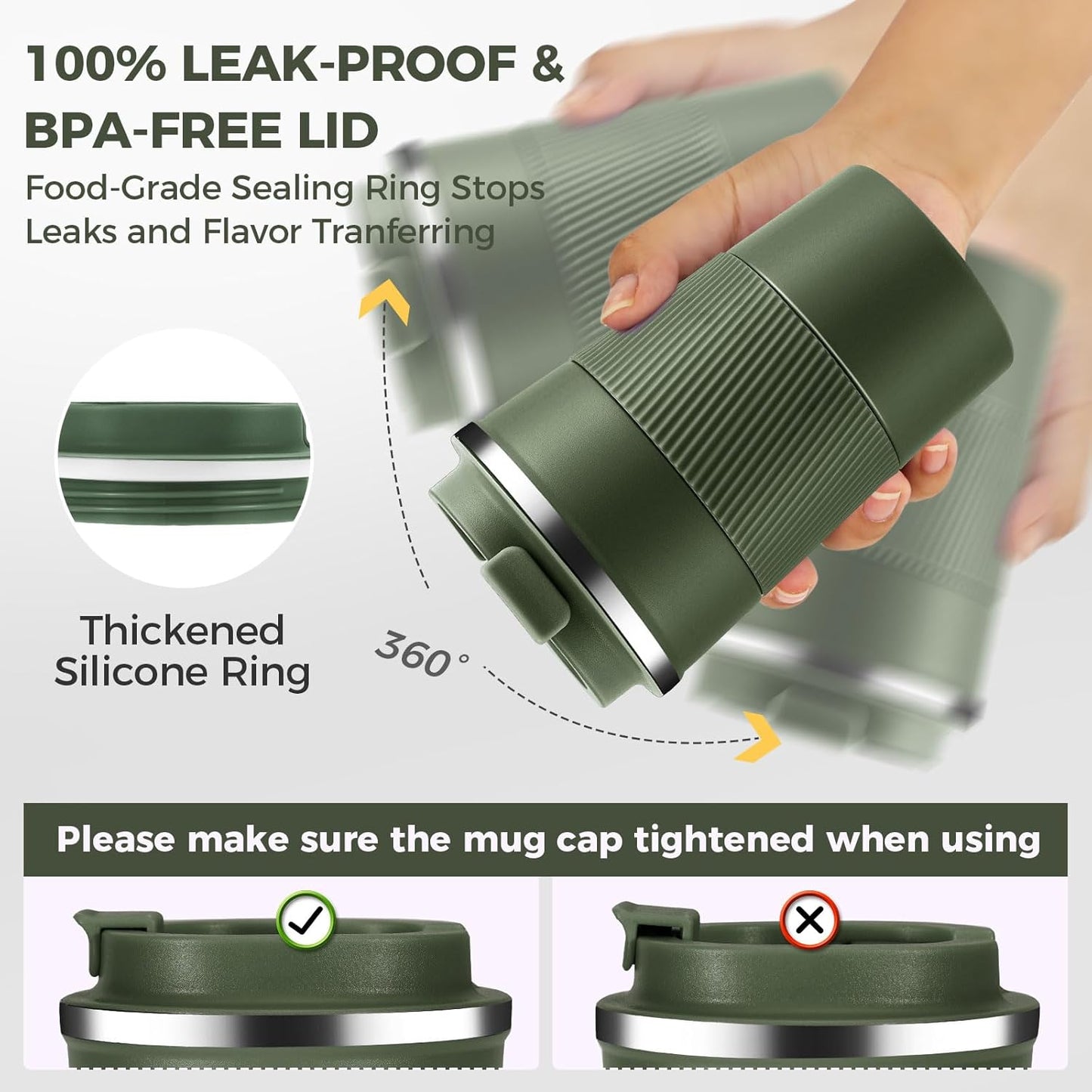 Volhoply 13 oz Stainless Steel Insulated Travel Coffee Mug with Fip Lid,Reusable Double Wall Vacuum Metal Coffee Cup,Portable to Go Leak Proof Cafe Thermal Tumbler for Hot & Cold Drinks(Army Green,1)