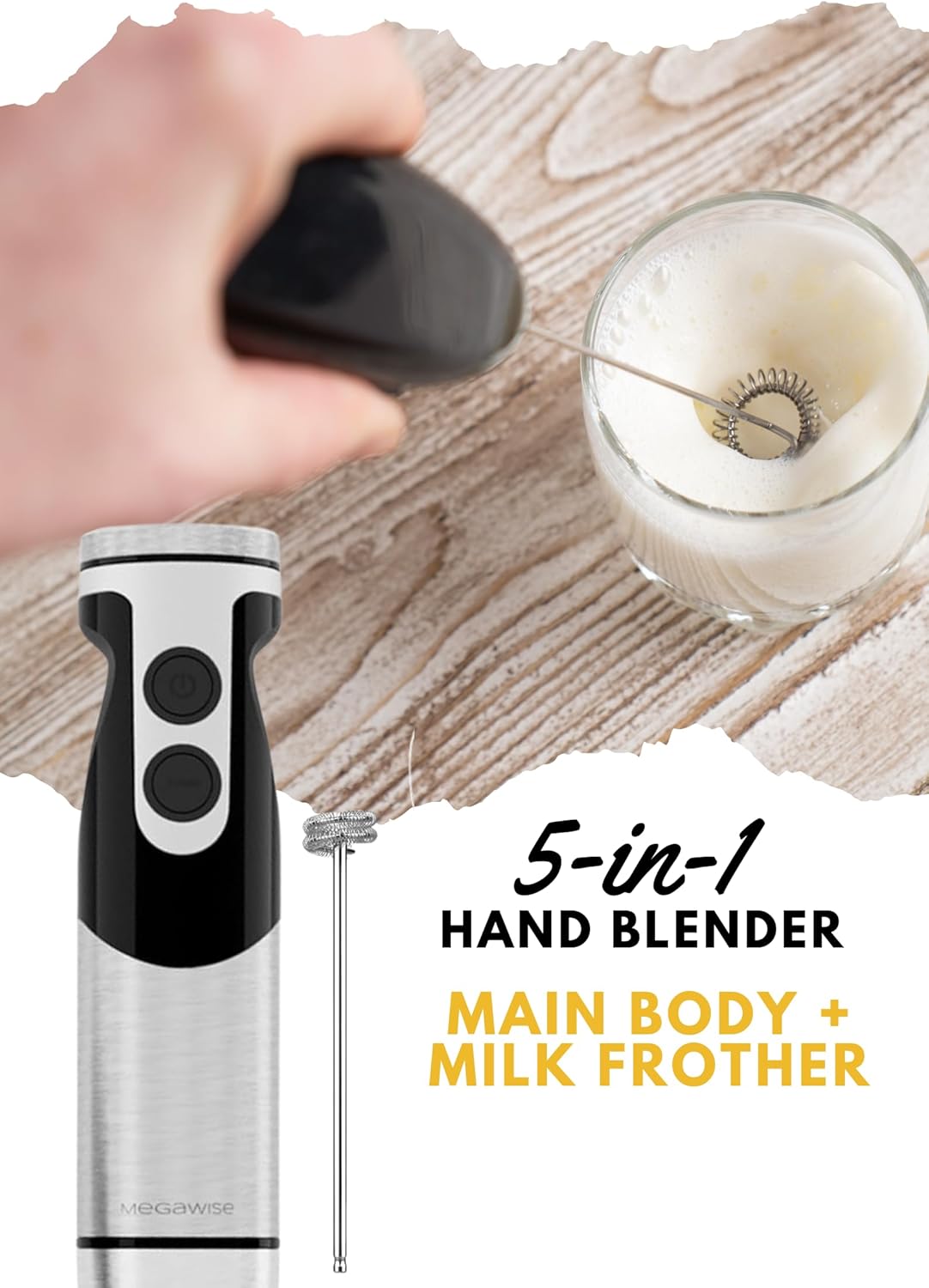 MegaWise Pro Titanium Reinforced 5-in-1 Immersion Hand Blender, Powerful 400W with 80% Sharper Blades, 12-Speed Corded Blender, Including 500ml Chopper, 600ml Beaker, Whisk and Milk Frother (Black)