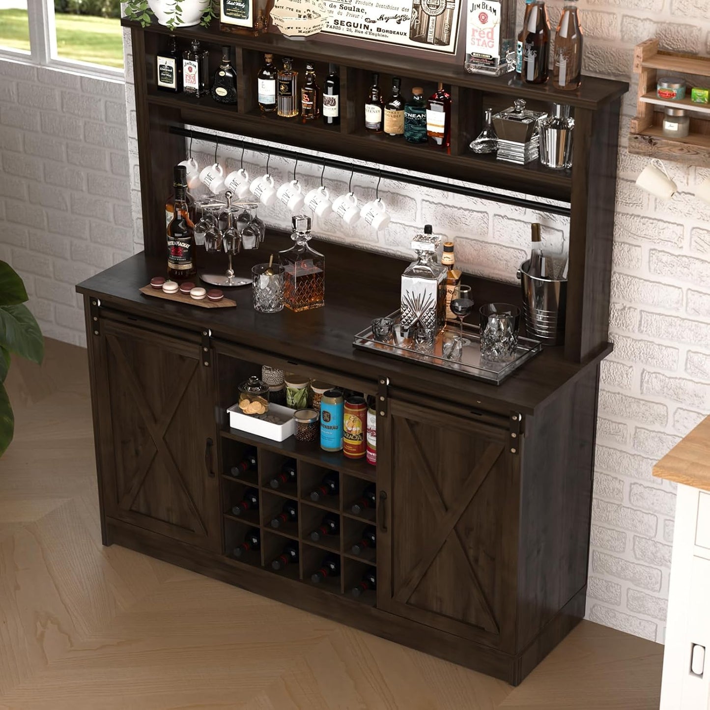 4ever2buy Farmhouse Coffee Bar Cabinet with Storage Hutch, 55“ Wine Bar with 12 Wine Racks and 8 Hooks, Coffee Station with 4 Open Shelves and Sliding Barn Doors for Kitchen, Dining Room, Dark Oak