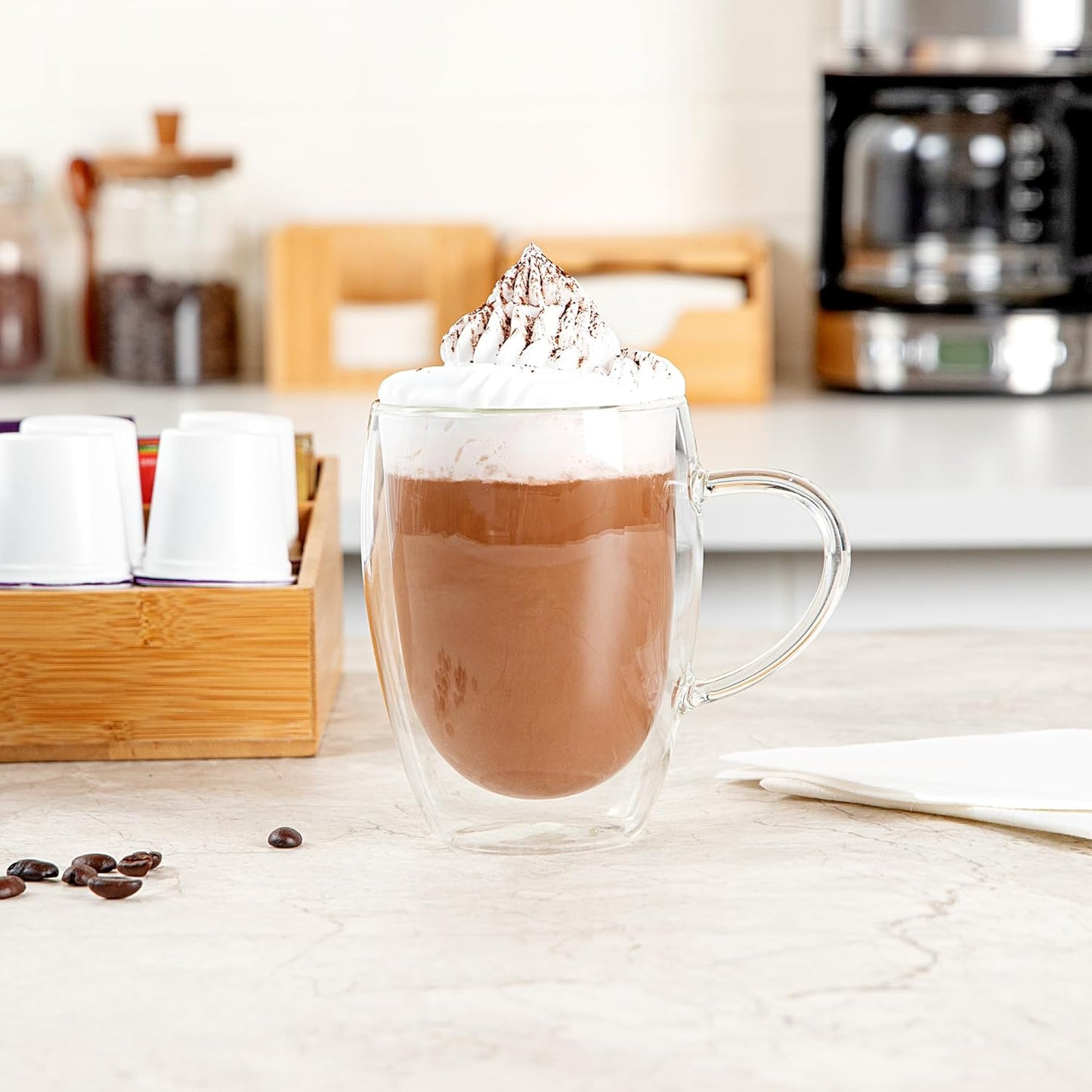 Restaurantware-Forma Professional 11.8 Ounce Glass Coffee Cups, 2 Insulated Coffee Cups With Handle - Dishwashable, Reusable, Clear Double Wall Beverage Tumblers, Freezable, For Hot Or Cold Beverages