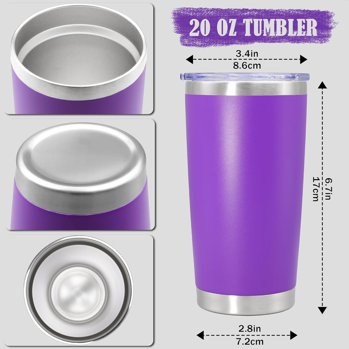 20 oz Tumbler Coffee Tavel Tumblers Bulk with Lid Stainless Steel Double Wall Vacuum Insulated Mug Powder Coated Cups fit Car Cupholder for Hot and Cold - Purple, 4Pack