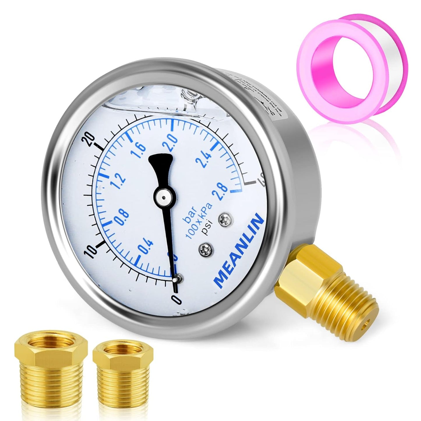 MEANLIN MEASURE 0~40Psi Stainless Steel 1/4" NPT 2.5" FACE DIAL Liquid Filled Pressure Gauge WOG Water Oil Air Lower Mount, with 1/2" NPT and 3/8" NPT Hex Bushing