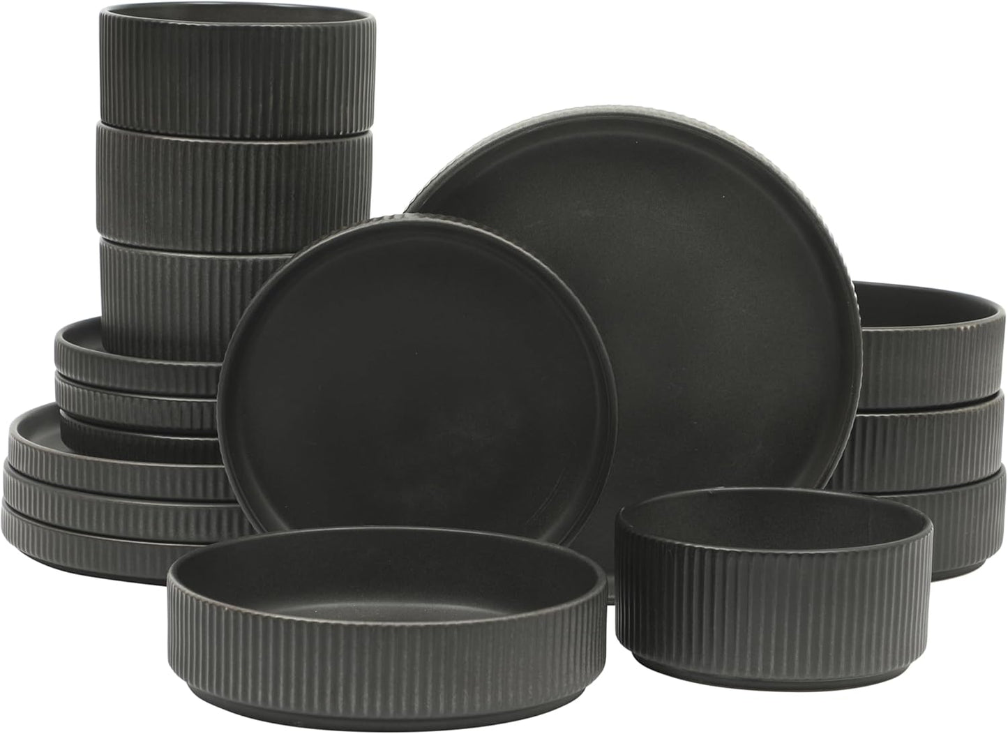 Gibson Elite Deerfield 16-Piece Stoneware Dinnerware Set – Matte Black Reactive Glaze Plates and Bowls, Stackable, Modern Design, Service for 4 – Microwave & Dishwasher Safe