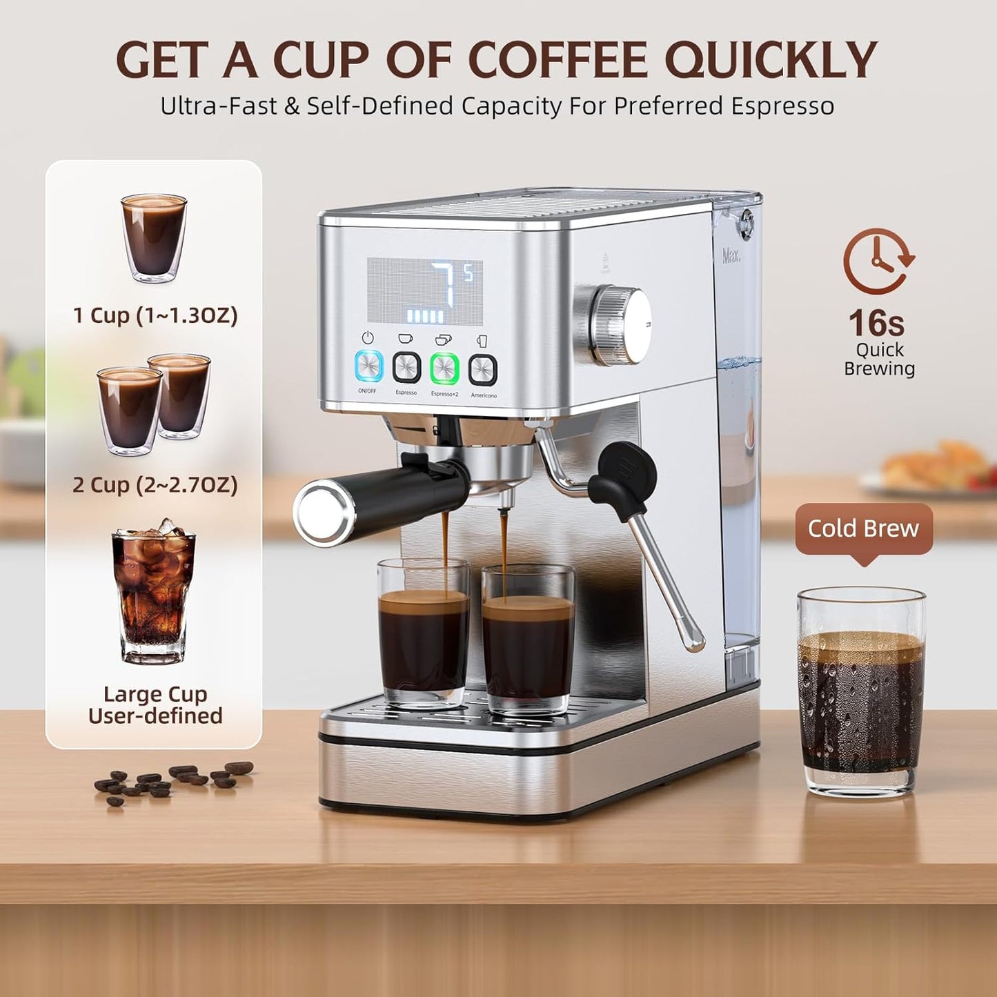 Espresso Machine 20 Bar, Stainless Compact Espresso Maker with Steam Milk Frother, 57.5OZ Water Tank, Touch Screen Indicator of Making Time, for Latte, Cappuccino, Silver (2025 updated model)