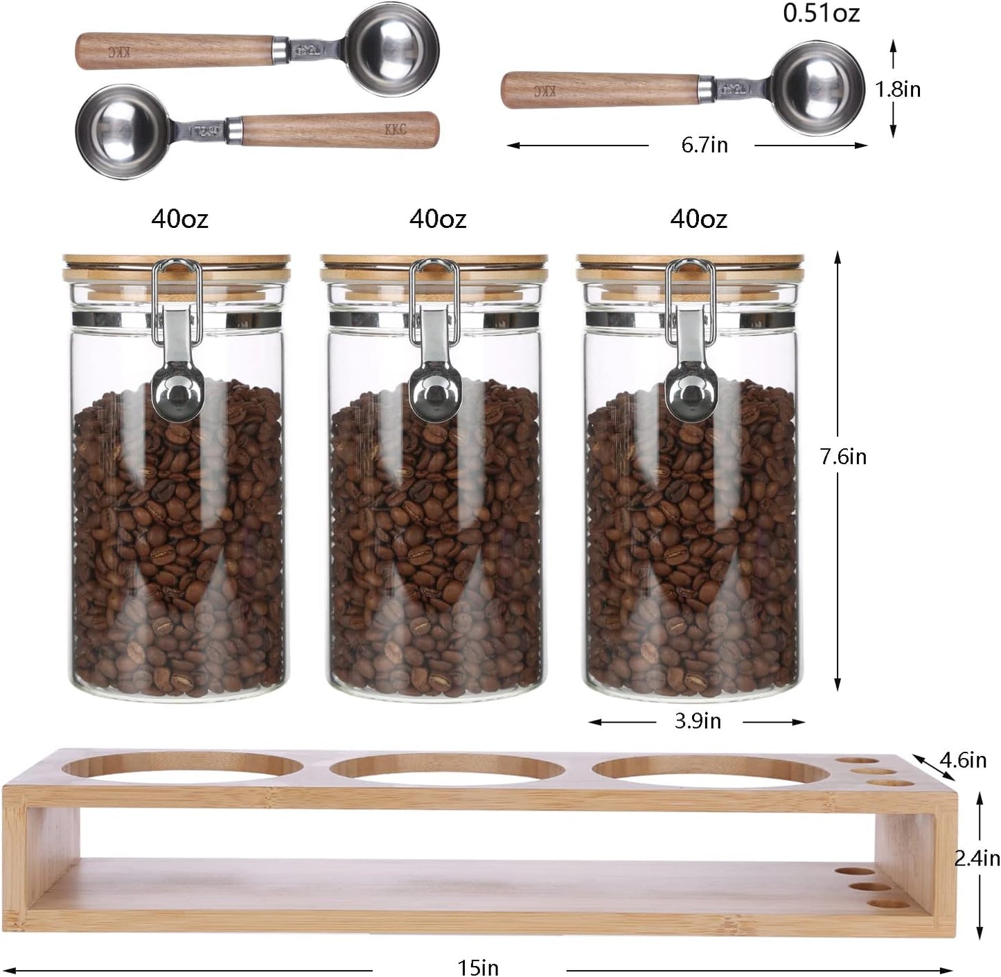 KKC HOME ACCENTS Glass Canisters with Airtight Hinged Lids and Scoops,Sealed Glass Storage Jar Containers for Coffee Beans,Loose Leaf Tea,Sugar,Ground Coffee,Matcha,Bamboo Lid Airtight Jars