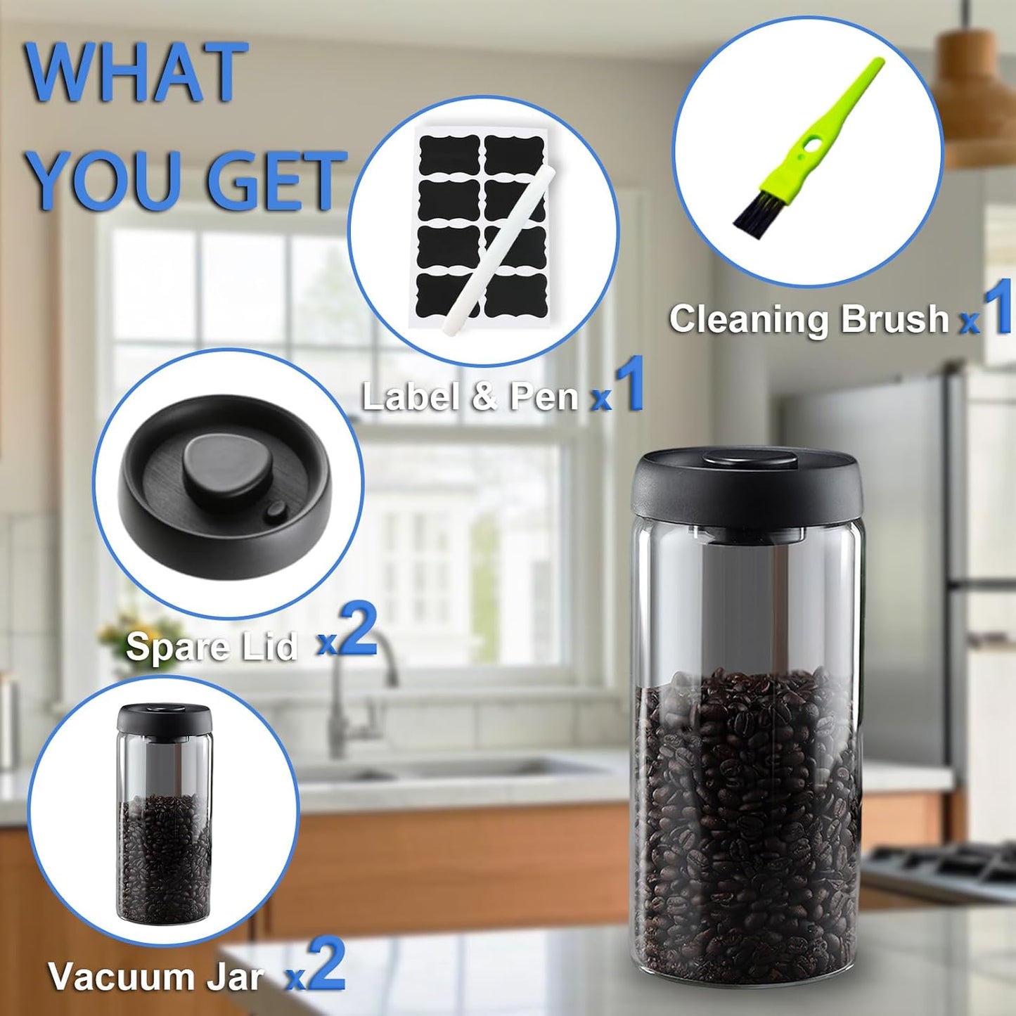 Vacuum Coffee Canister,2PCS 61FLOZ Borosilicate Glass Jar with Spare Airtight lid, Label & Brush, Coffee Bean Storage for Coffee Beans & Grounds (Shade Glass)