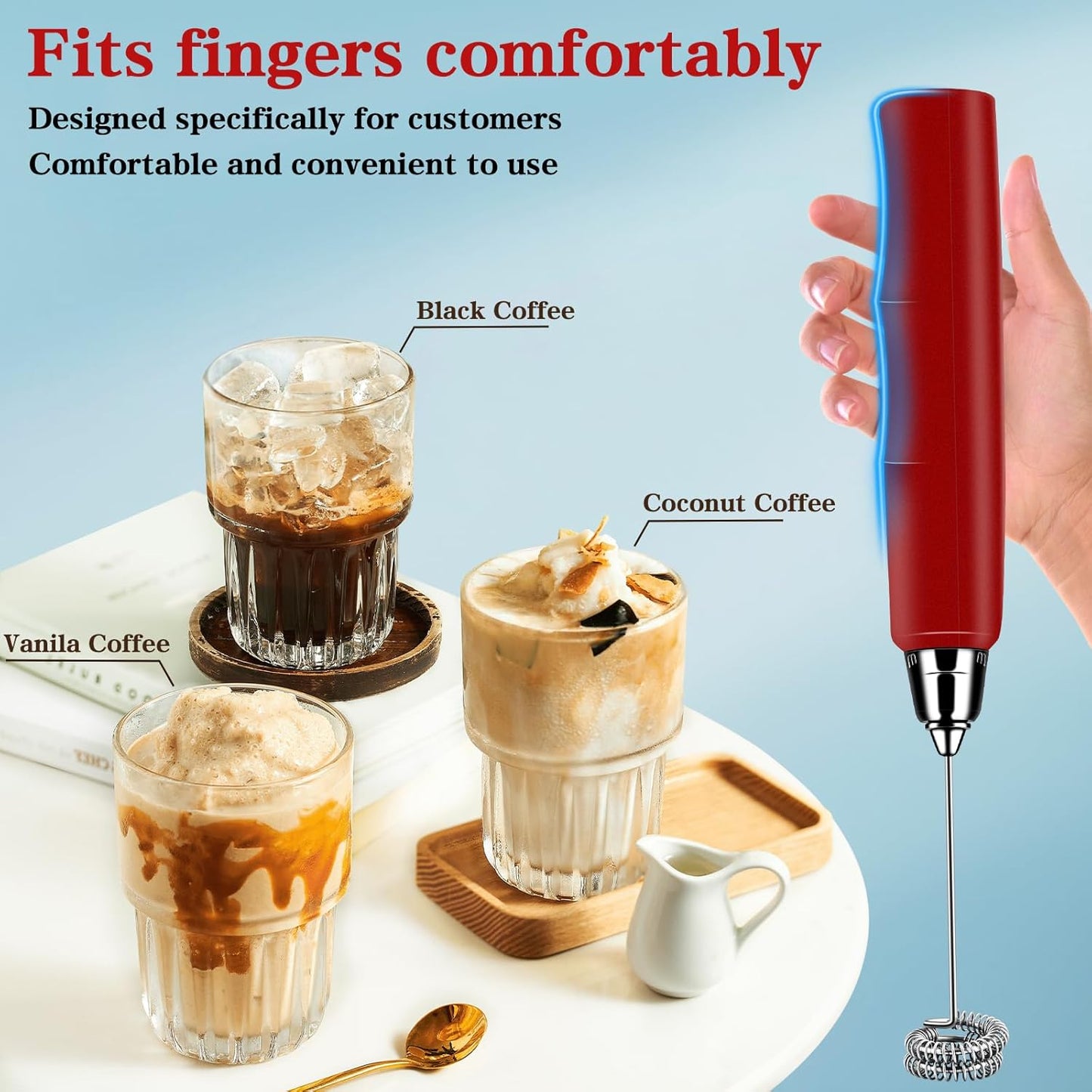 Milk Frother Handheld for Coffee, Electric Whisk 3 Speed Adjustable, Drink Mixer with Stainless 3 Whisks, Rechargeable Hand Frother Wand, Foam Maker for Latte Cappuccino Hot Chocolate Egg Red