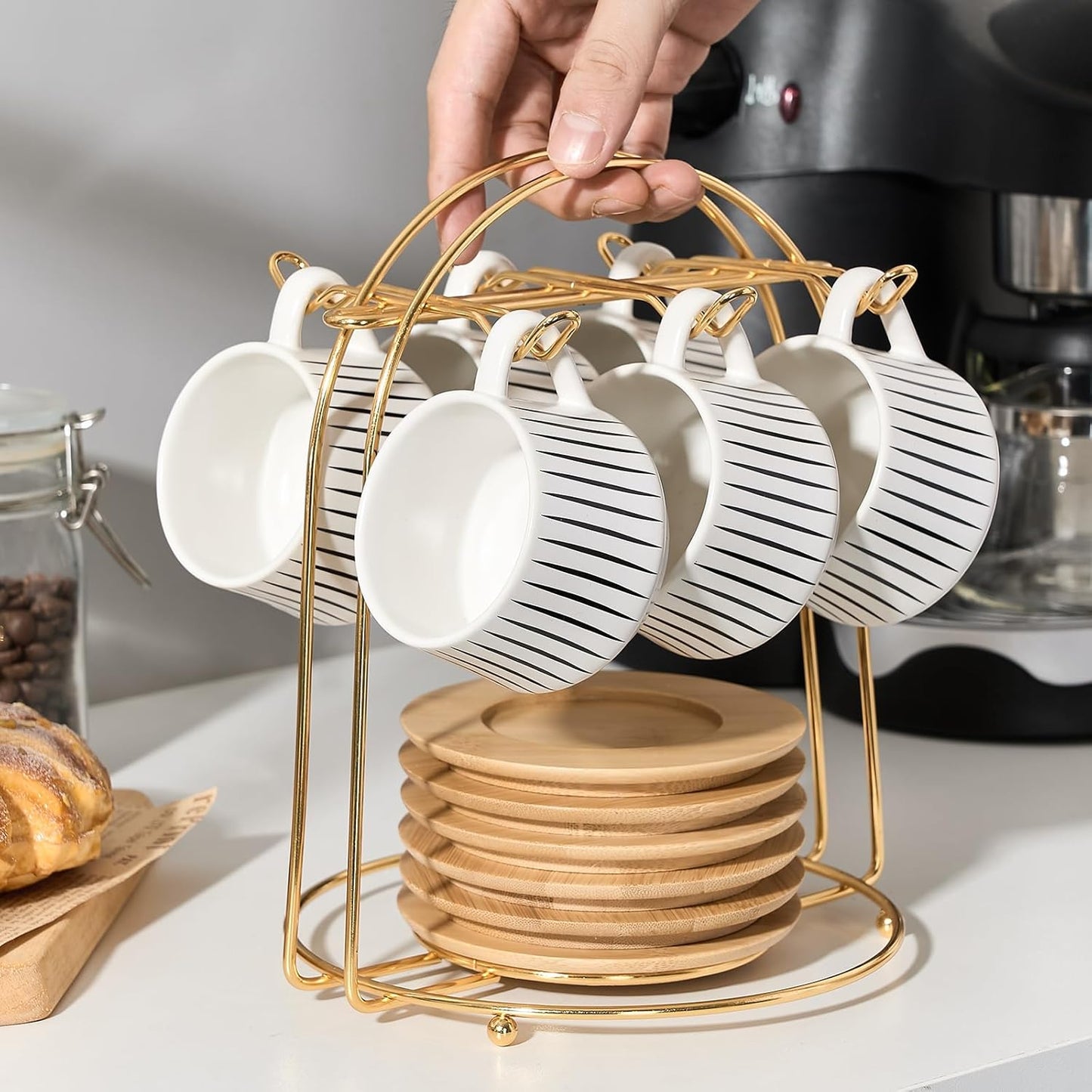 LUKA Ceramic Coffee Espresso Cups with Saucers Set with Metal Holder, 4 oz Porcelain Demitasse Cups For Tea, Espresso, Latte, Coffee, Cafe Mocha, Set of 6, White