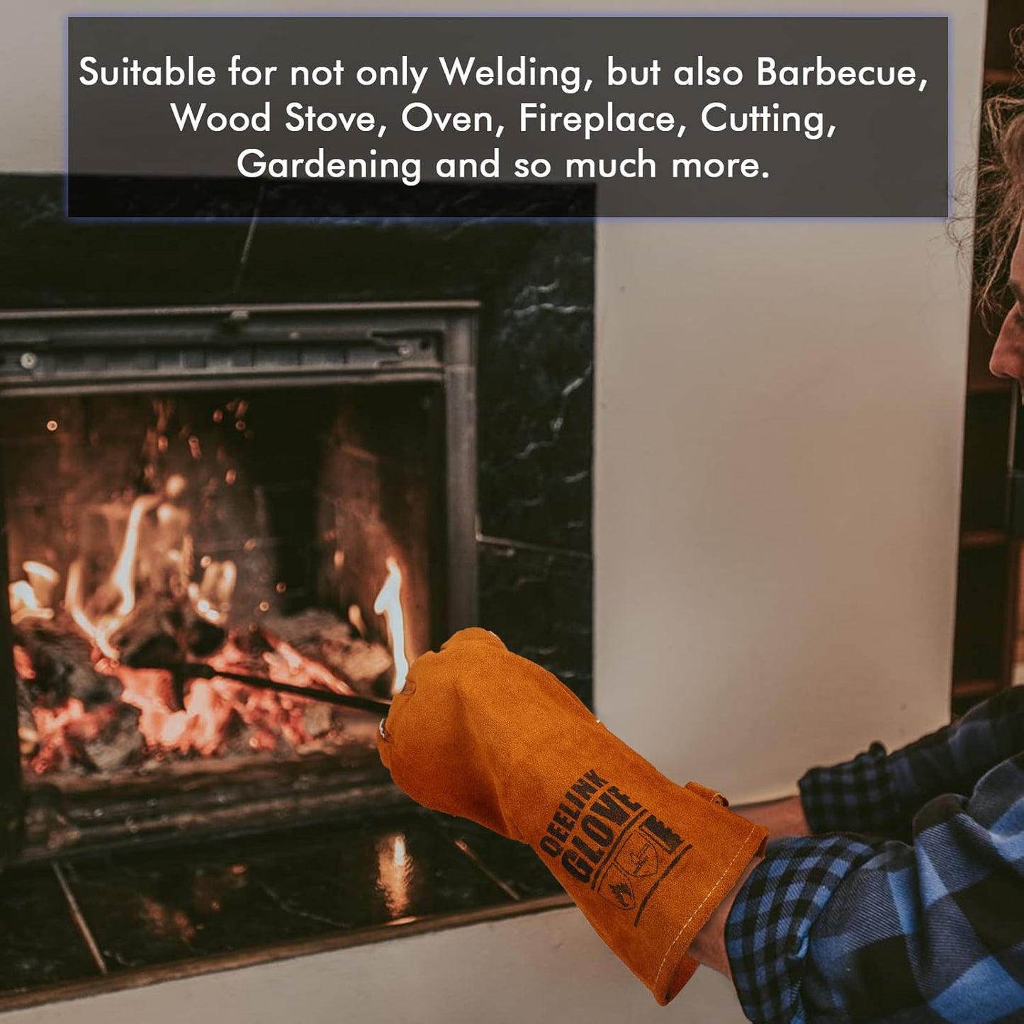 QeeLink Welding Gloves - Heat Resistant Leather and Fireproof Stitching for Fireplace Fire Pit Wood Stove BBQ Gardening Gear