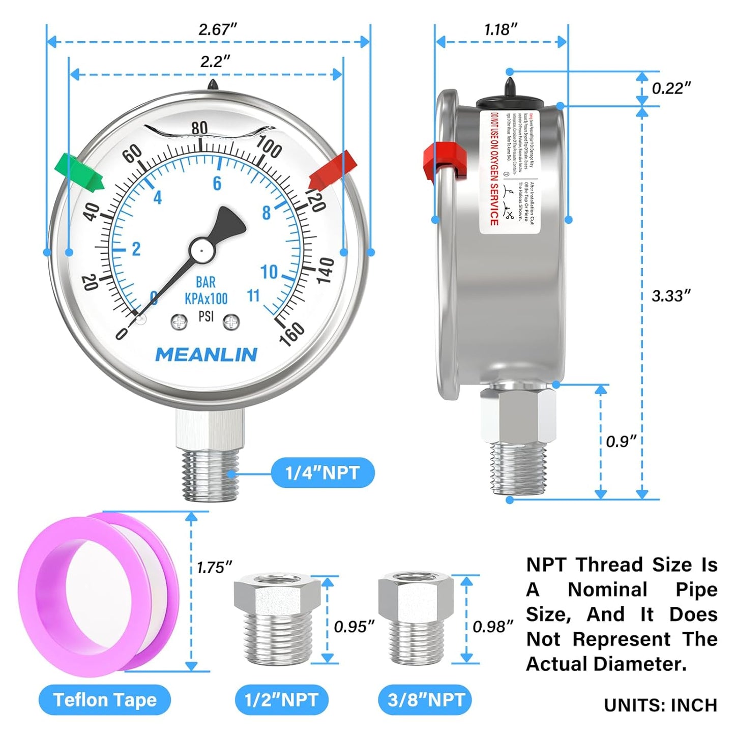 MEANLIN MEASURE 0~160Psi Stainless Steel Liquid Filled Pressure Gauge 2.5"FACE DIAL 1/4"NPT for Air Compressor RV Regulator Water Pressure Tester Lower Mount with Stainless Steel Hex Bushing and Snaps