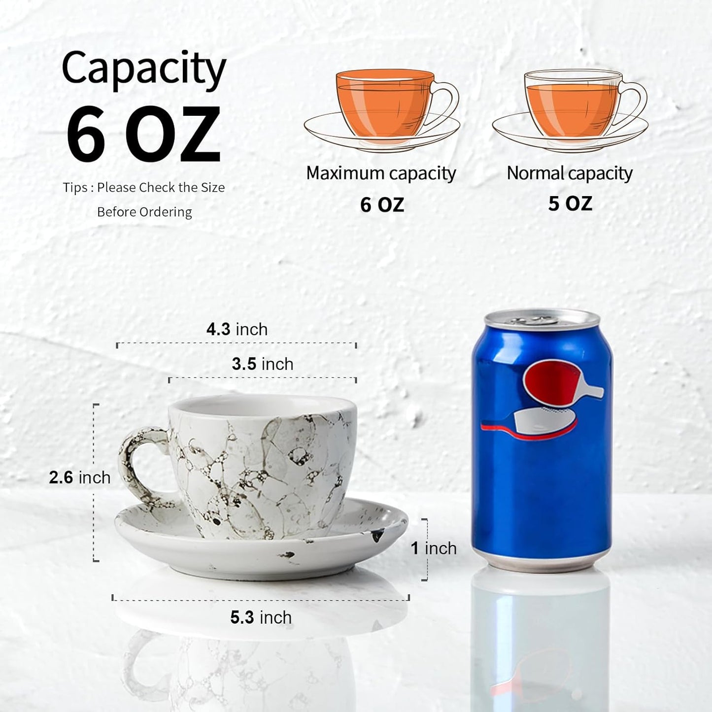 SIDUCAL Espresso Cups Set of 4,6 Ounce Ceramic Coffee Cups with Saucers,Porcelain Double Espresso Cup Set,Gift Box for Boyfriend Gift(White)