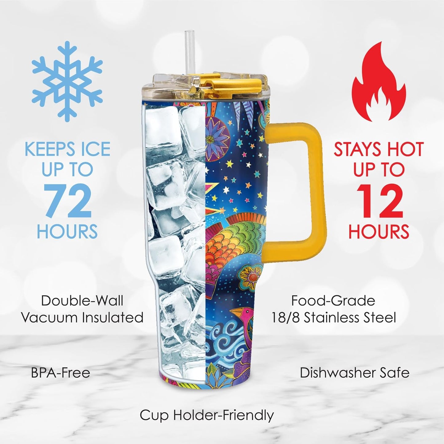 RainCaper 18/8 Stainless Steel Insulated Water Tumbler with Straw | 30oz, BPA-Free, Double Wall for Hot & Cold | Travel-Friendly, Cup Holder Ready (Laurel Burch Celestial Magic)