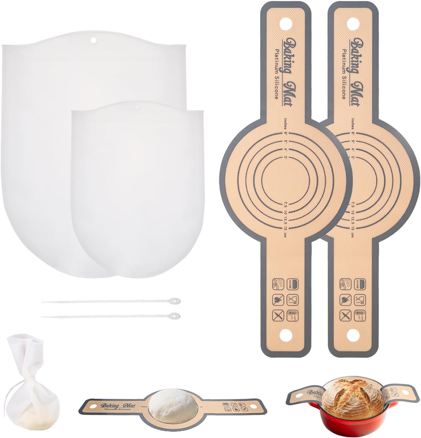 2 PCS Silicone Bread Sling with Dough Kneading Bag, Non-Stick & Easy Clean Round Reusable Silicone Baking Mat, for Dutch Oven, 500 Degrees Heat Resistant