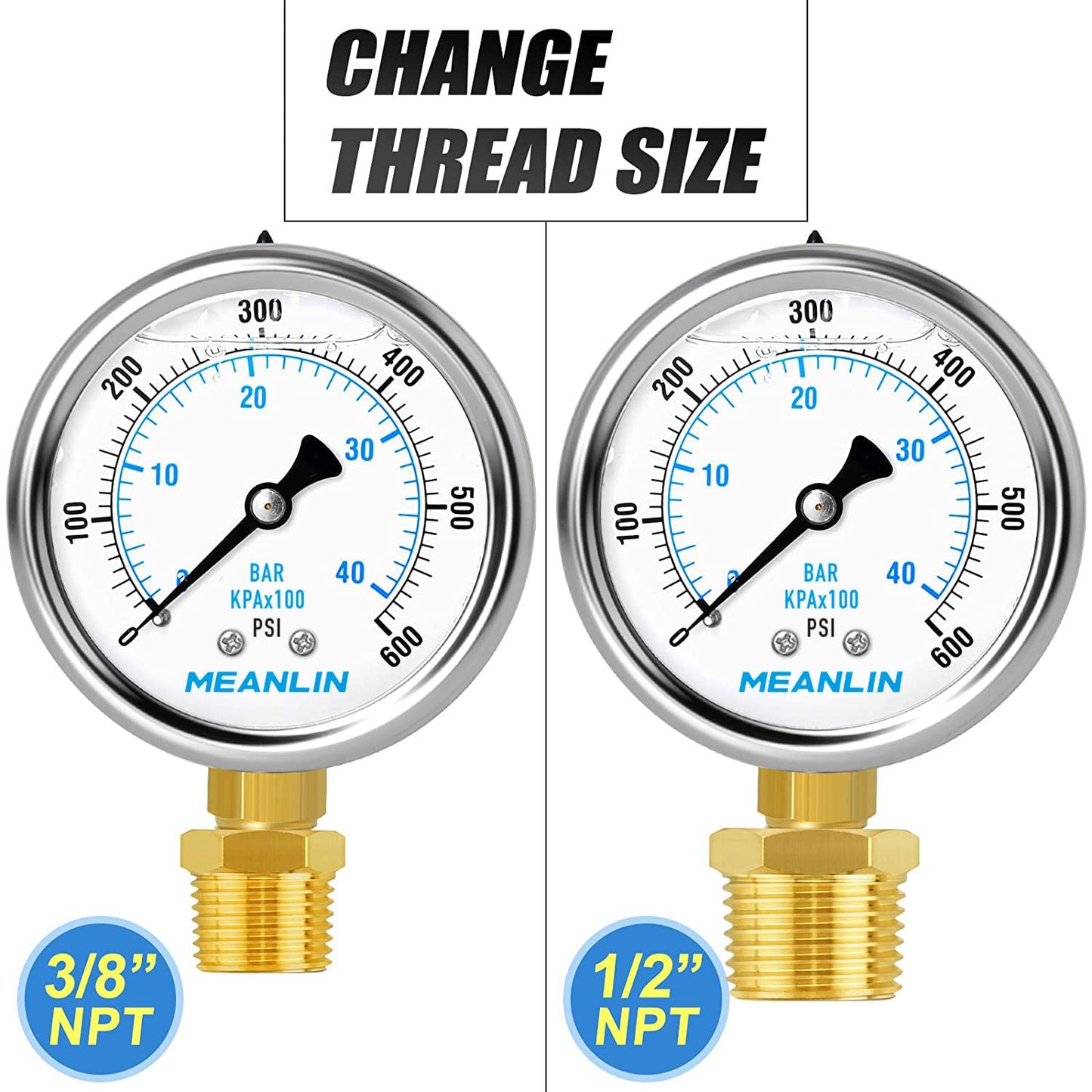 MEANLIN MEASURE 0~600Psi Stainless Steel 1/4" NPT 2.5" FACE DIAL Liquid Filled Pressure Gauge WOG Water Oil Air Lower Mount, with 1/4" x 1/2" NPT and 1/4" x 3/8" NPT Hex Bushing