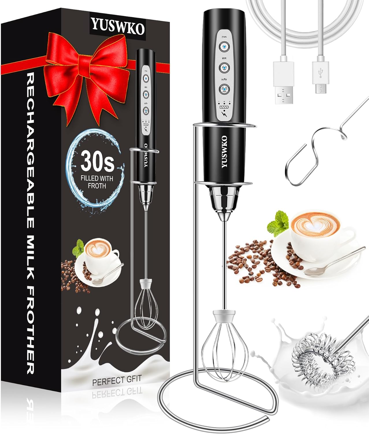YUSWKO Milk Frother Handheld for Coffee with Stand, Rechargeable Drink Mixer with 3 Heads 3 Speeds Electric Coffee Frother Whisk, Gift for Many Occasions and Festival