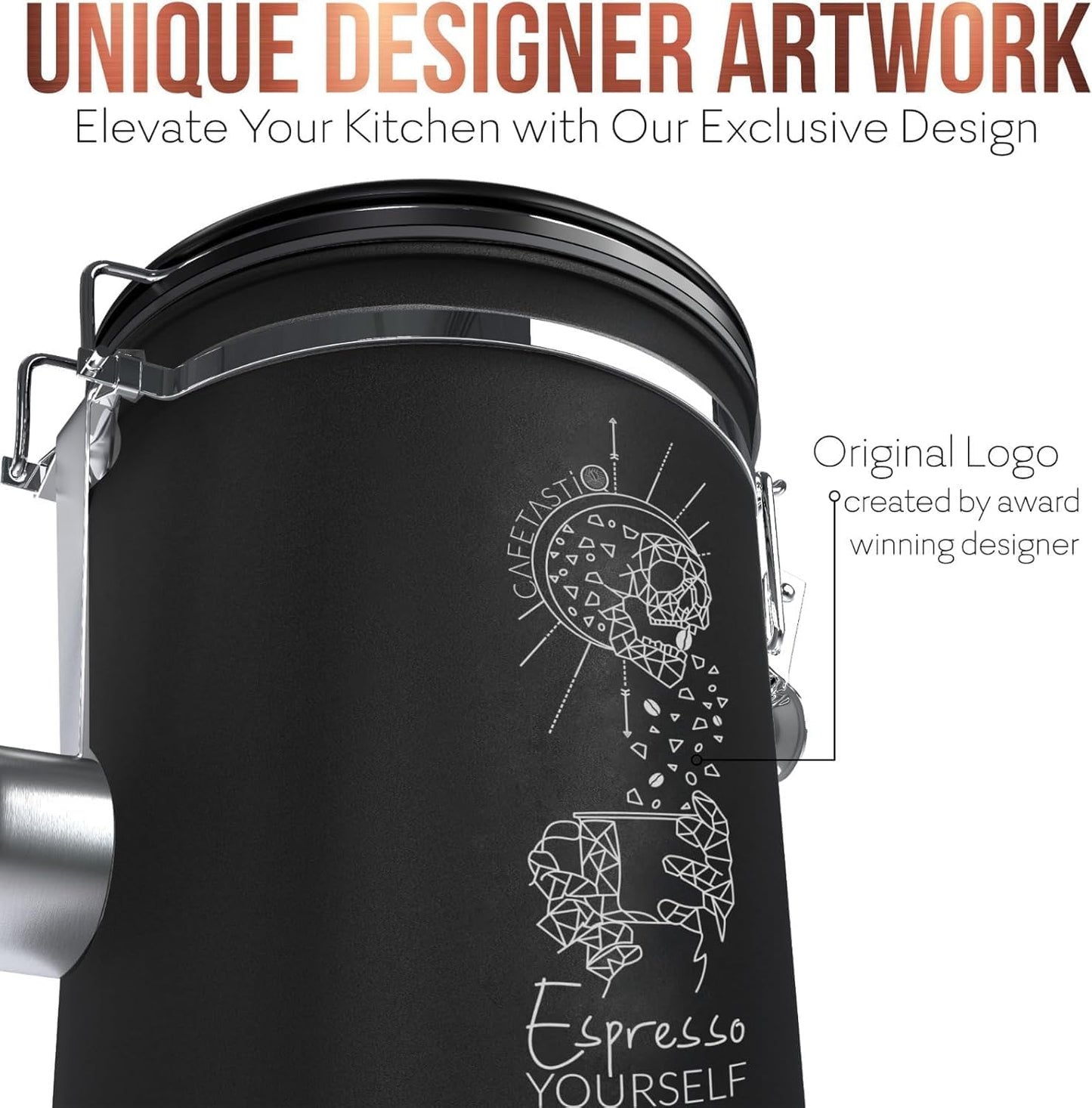 Coffee Canister – Airtight Stainless Steel Storage Container with Date Tracker & Scoop, Sealed Jar for Grounds, Beans, Tea, Flour, Cereal, and Sugar (Black Esspresso, 22OZ)