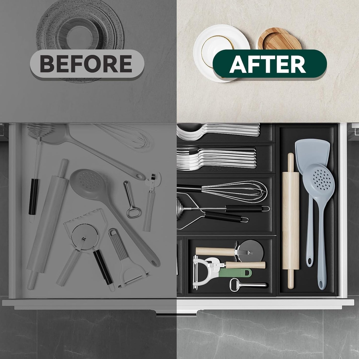 Bamboo Drawer Organizer, Narrow Silverware Organizer for Kitchen, Stackable Utensil Organizer, 2 Pcs Flatware Organizer, Wooden Storage Box Tray (Black, 12 X 3 X 2 Inch)